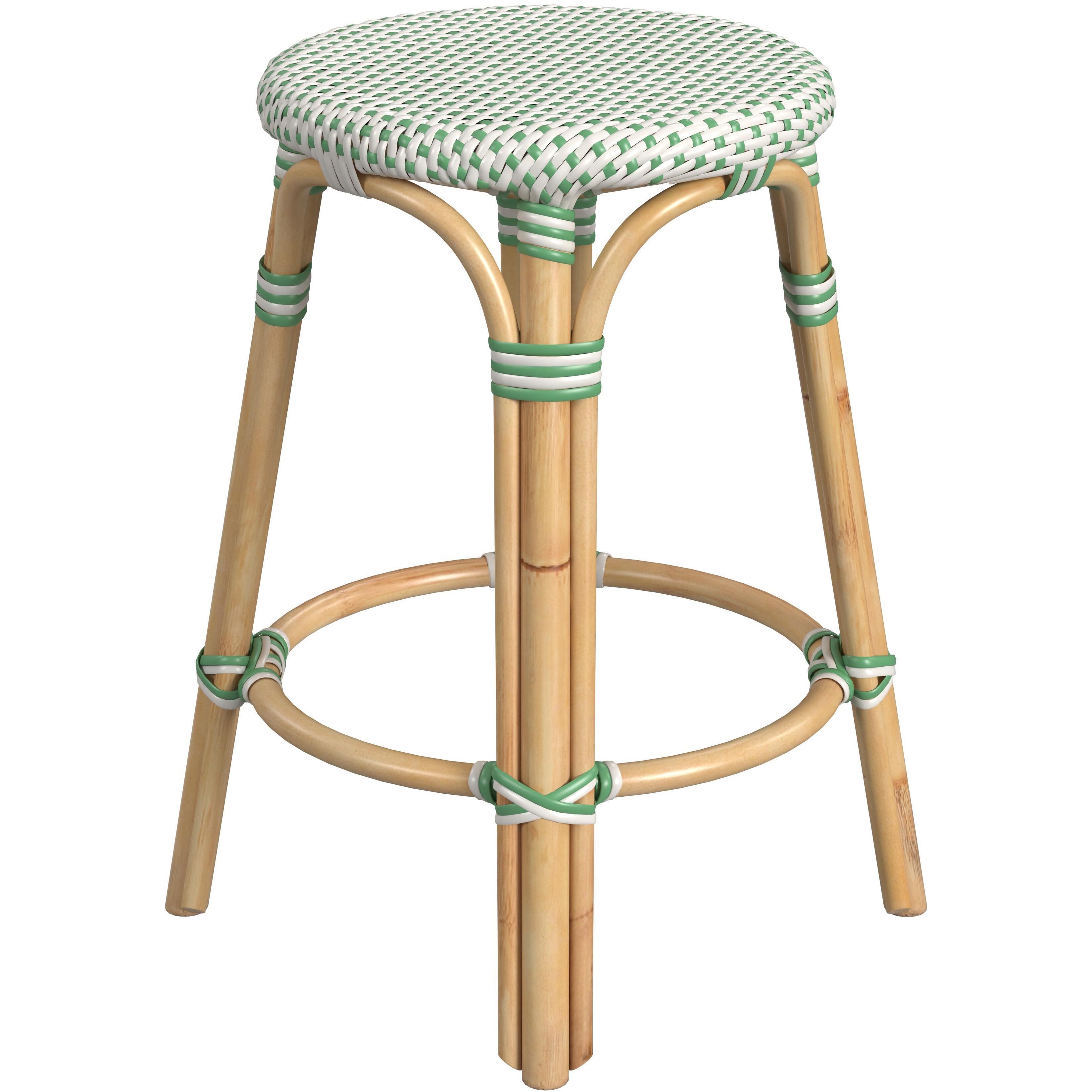Tobias Rattan Round 24" Counter Stool in White and Green Dot