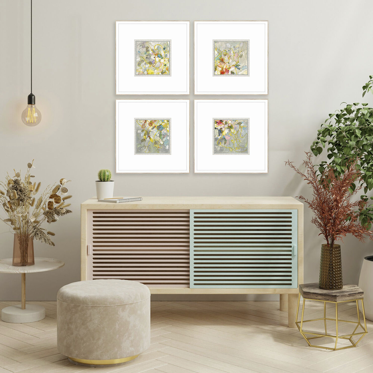 Strings of Lights Gray and Blue and Pink and Yellow Framed Art