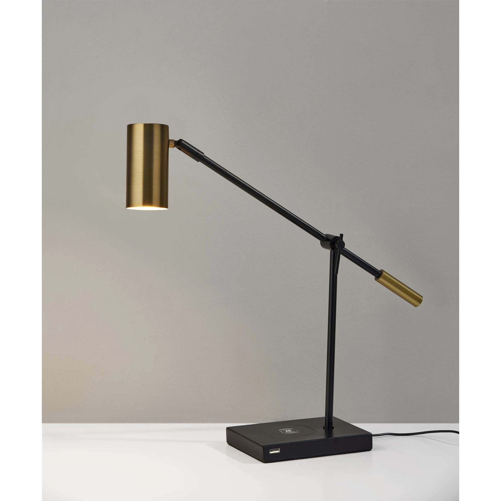 Collette 12 inch 7.00 watt Black and Antique Brass Desk Lamp Portable Light, with AdessoCharge Wireless Charging Pad and USB Port