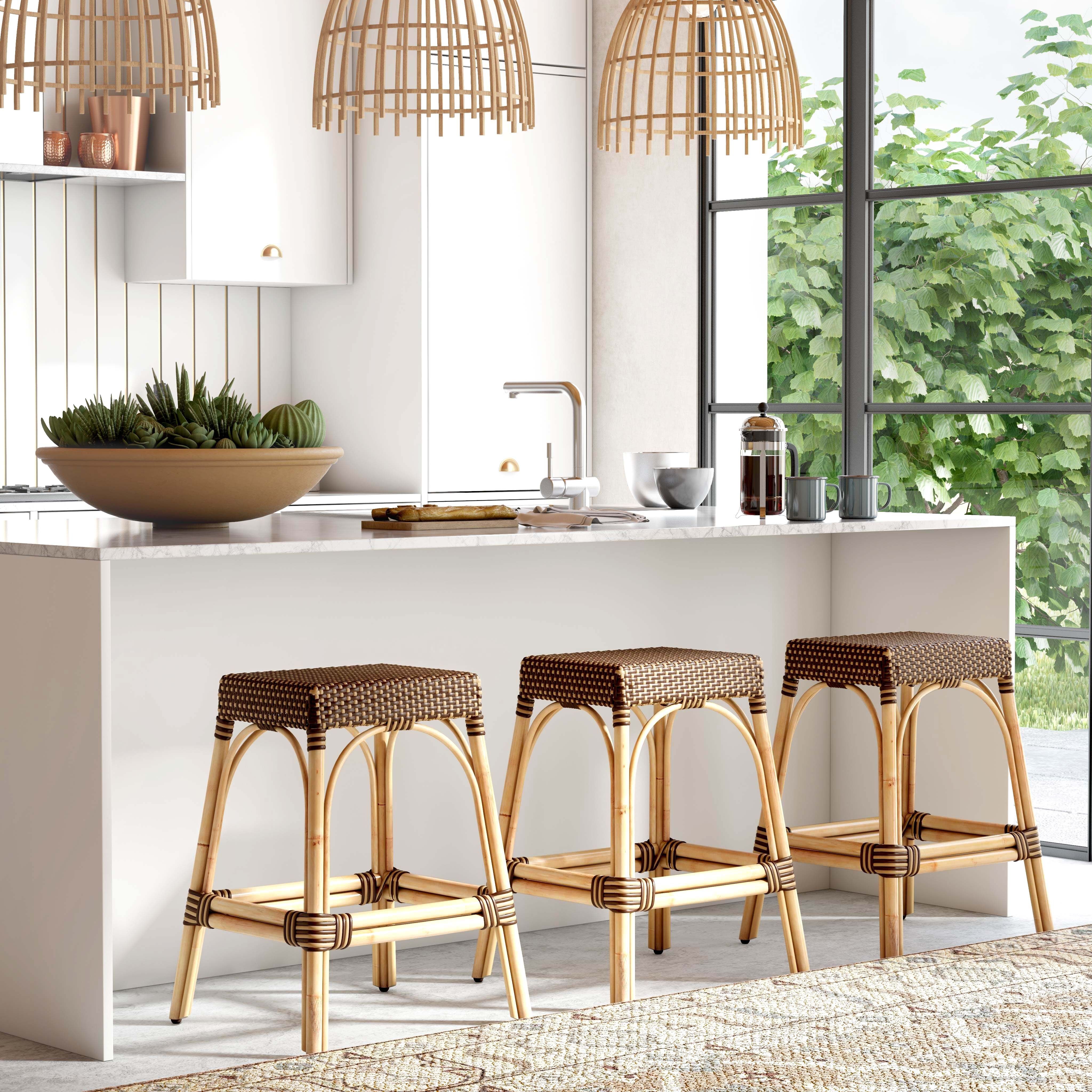 Robias Rectangular Rattan 24.5" Counter Stool in Brown and Tan Dot