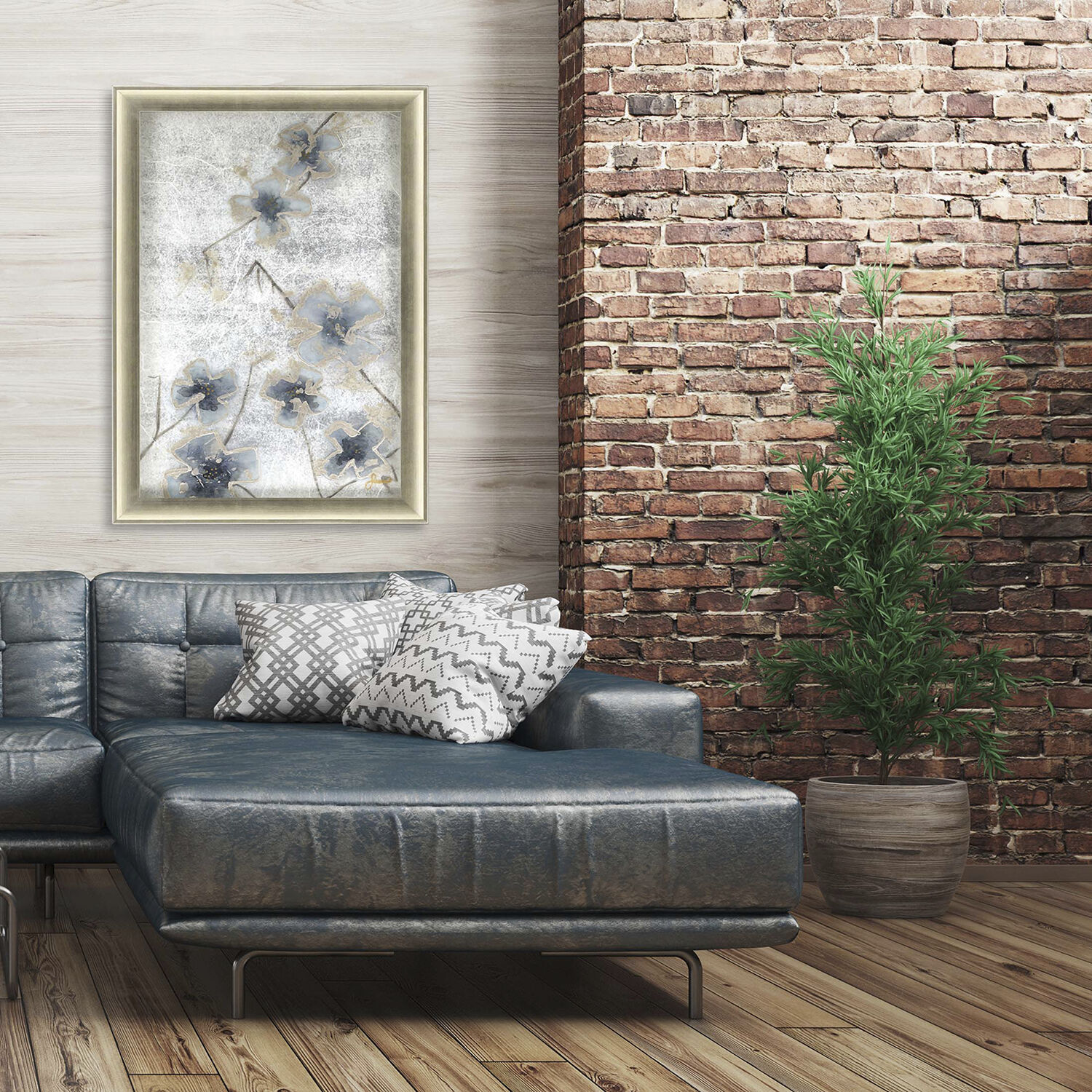 Serene Blossoms 2549 Blue and Beige and Metallic and Brown Framed Art, The Studio