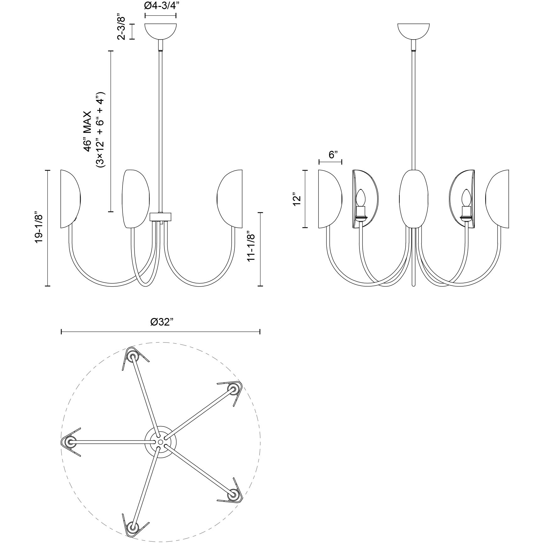 Alora Mood Seno 5 Light 32 inch Matte Black Chandelier Ceiling Light in White Cotton