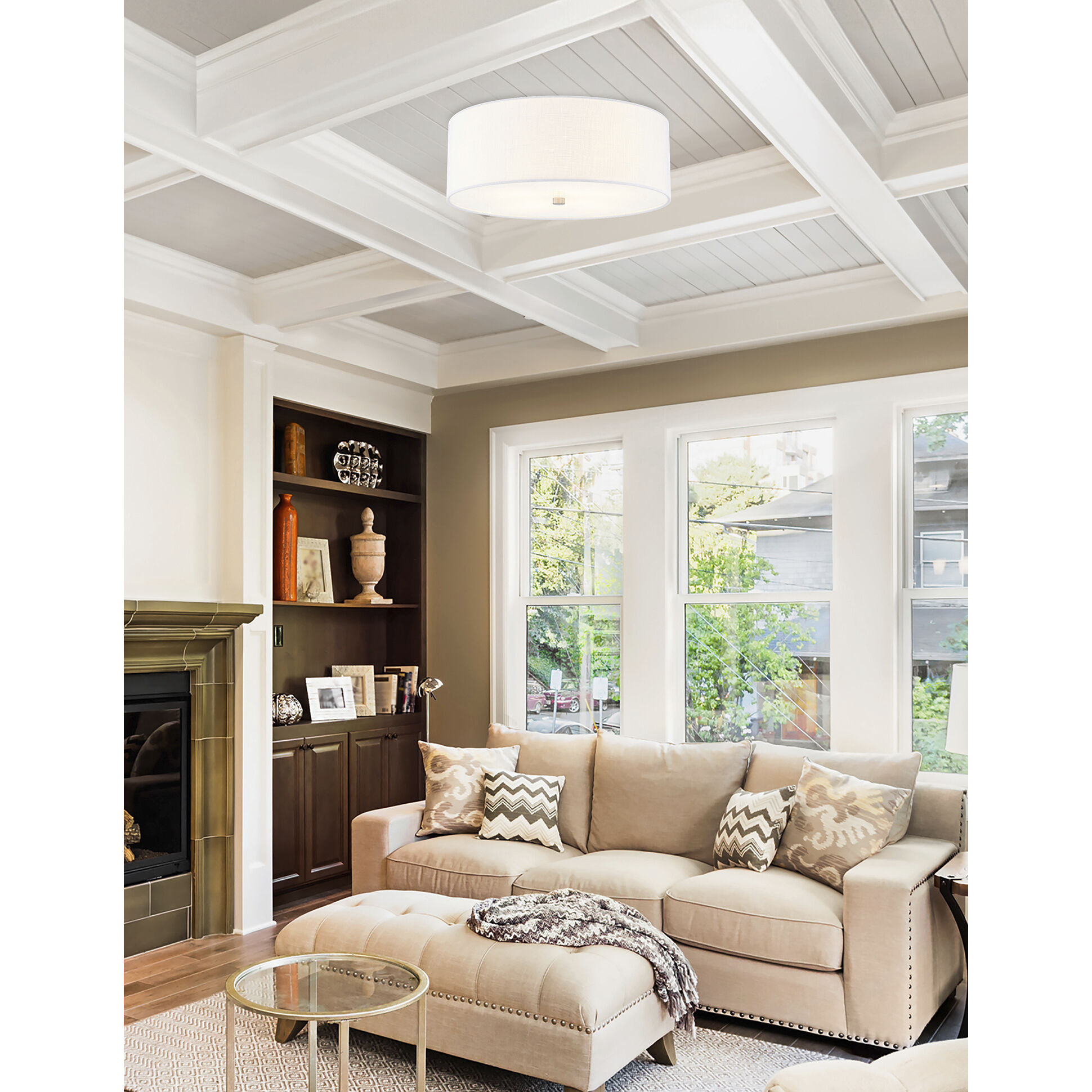 Textile Collection 4 Light 18 inch Brushed Nickel Flush Mount Ceiling Light in White, Classic Family