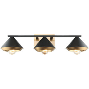 Velax 3 Light 28.1 inch Matte Black Wall Sconce Wall Light in Matte Black and Aged Gold Brass