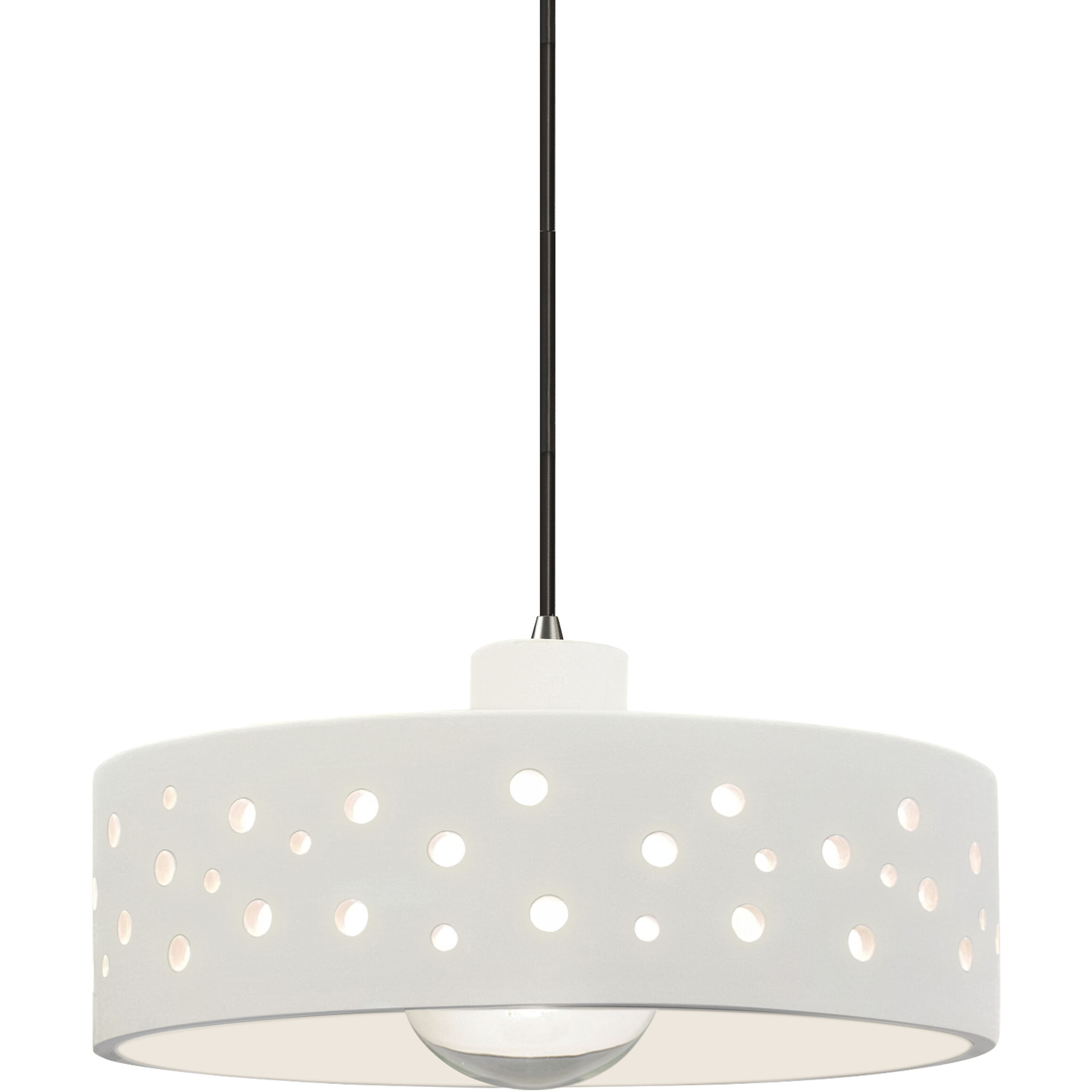 Perforated Dish Pendant Ceiling Light in Polished Chrome, Black Cord, Replaceable Bulb, Bisque, Form+Finish+Function