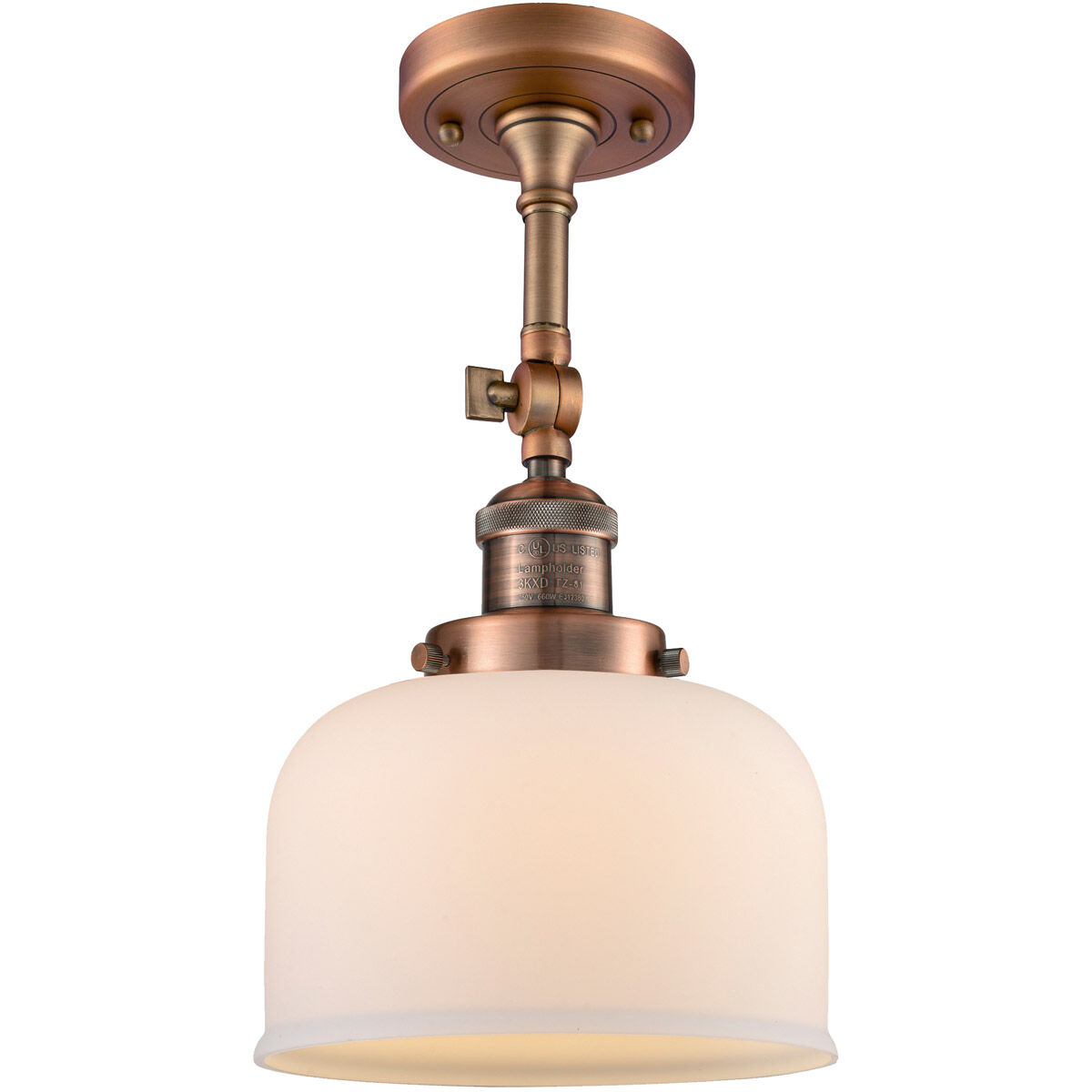 Franklin Restoration Large Bell LED 8 inch Antique Copper Semi-Flush Mount Ceiling Light in Matte White Glass, Franklin Restoration