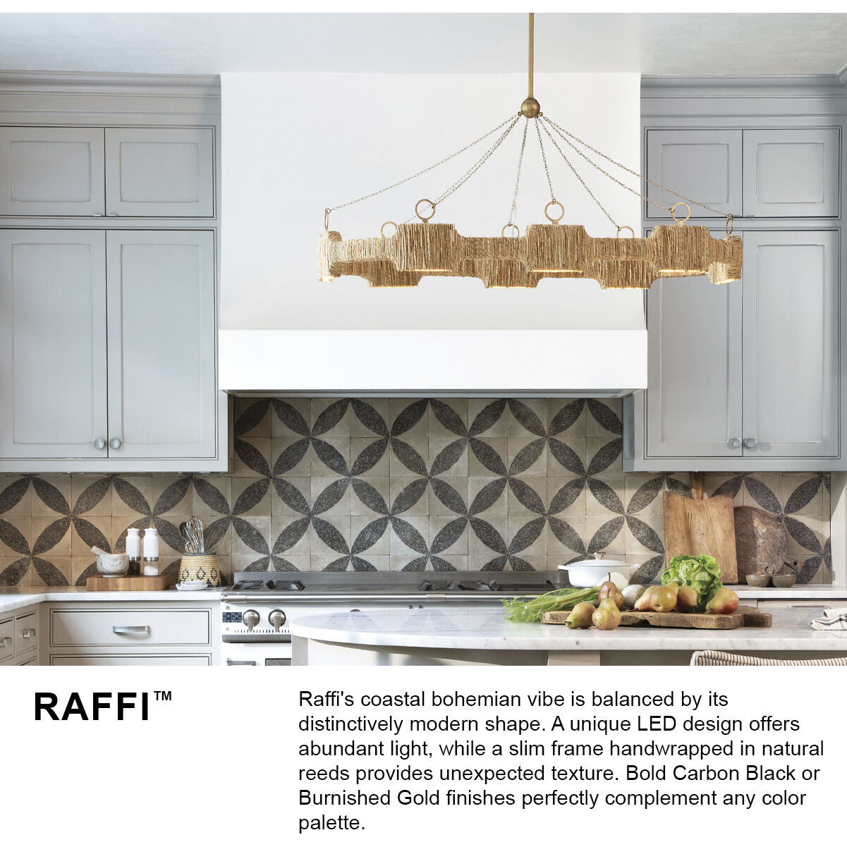 Raffi LED 52 inch Burnished Gold Chandelier Ceiling Light, Linear & Oval