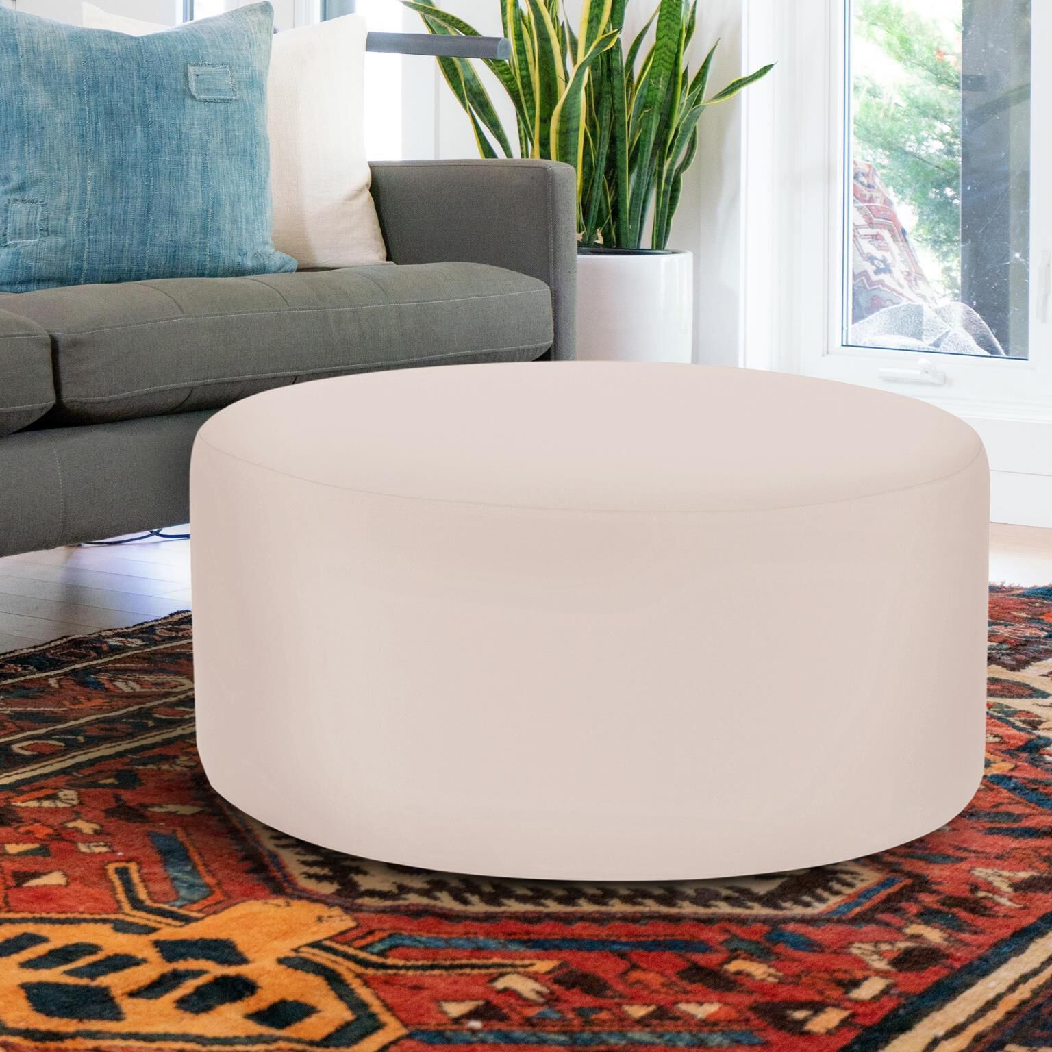 Universal 18 inch Seascape Sand Outdoor Round Ottoman with Slipcover