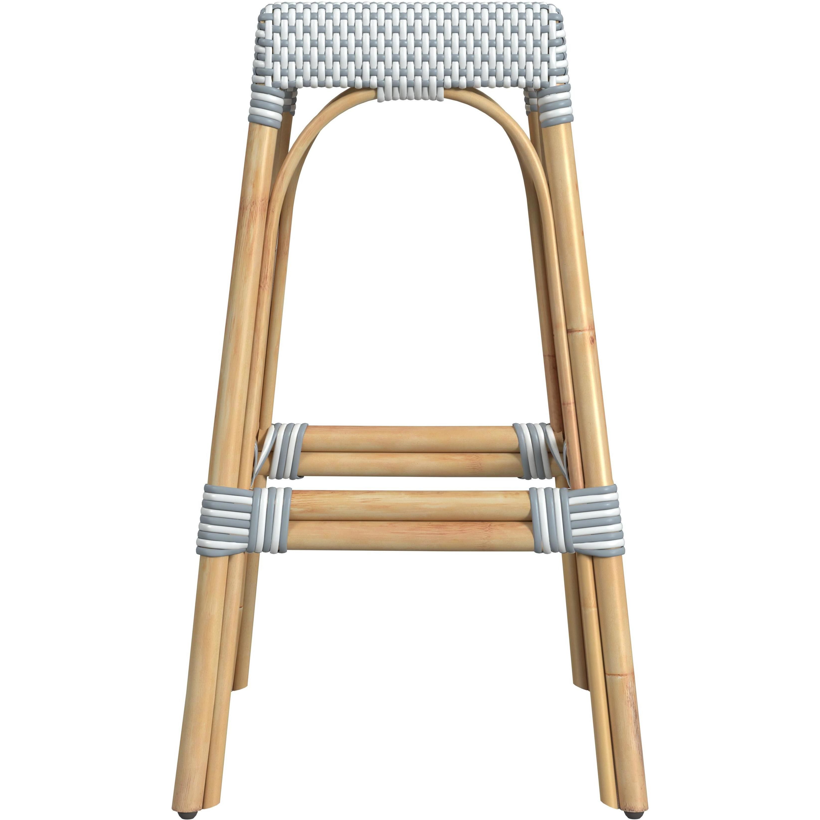 Robias Rectangular Rattan 30" Bar Stool in White and Sky Blue Dot