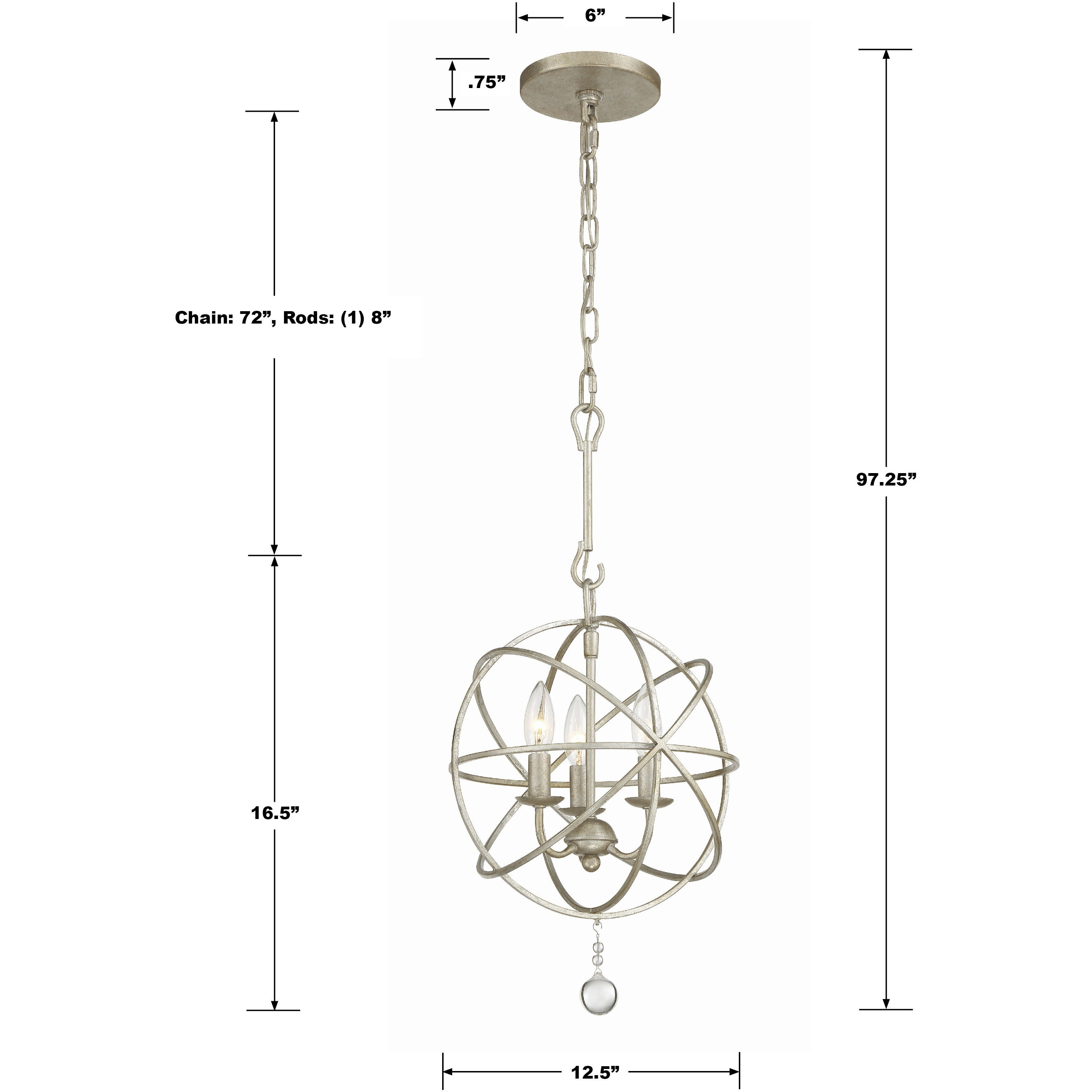 Solaris 3 Light 12.5 inch Olde Silver Mini Chandelier Ceiling Light