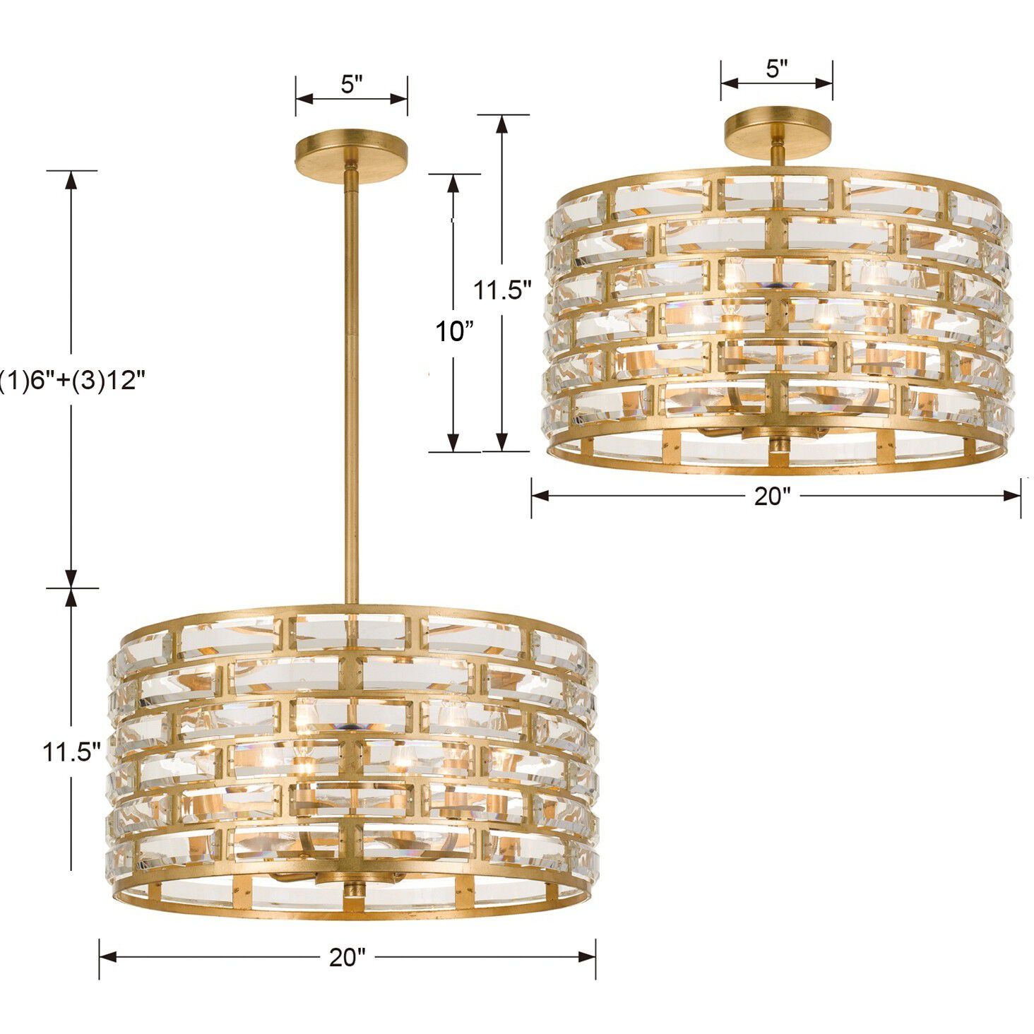 Meridian 6 Light 20 inch Antique Gold Semi Flush Ceiling Light