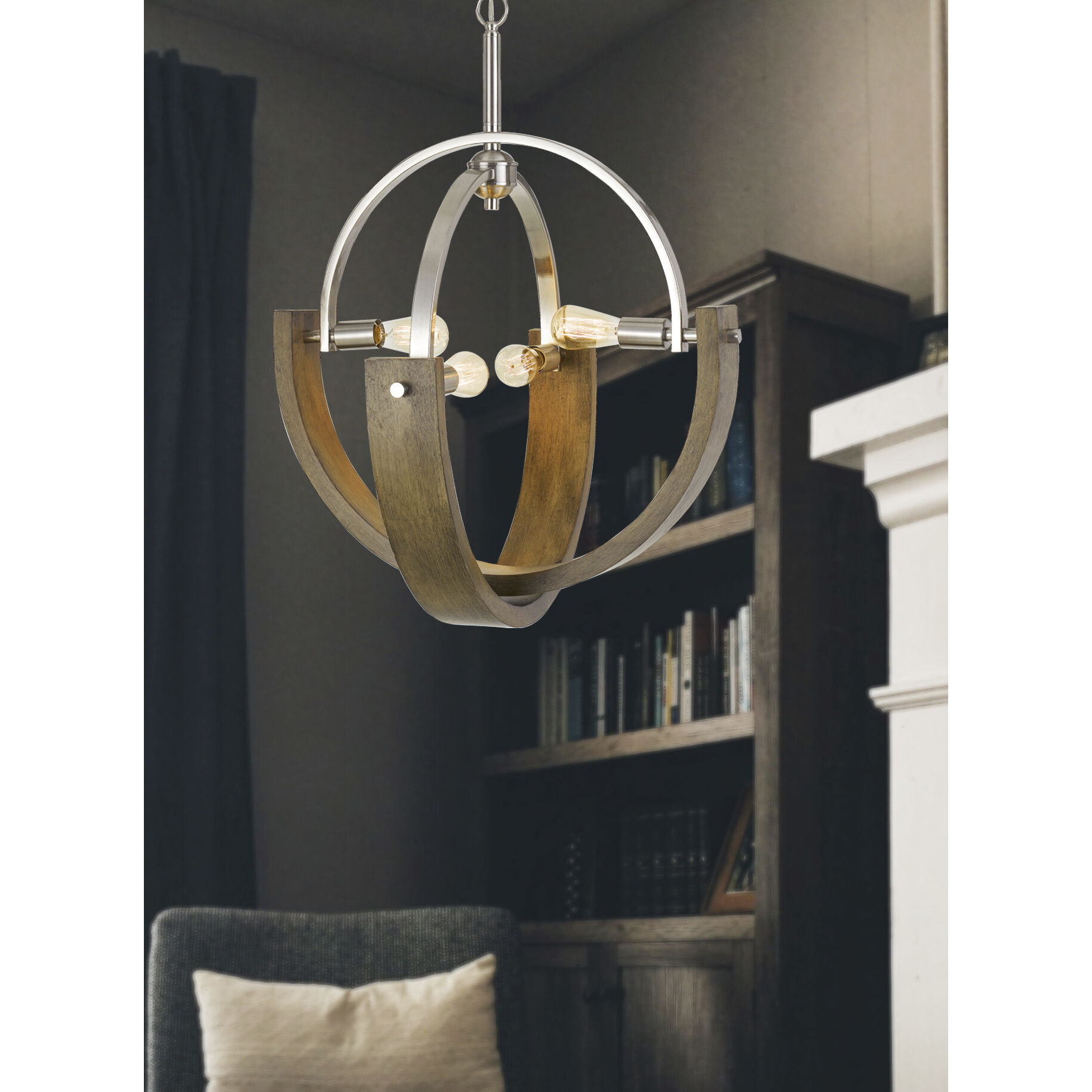 Rauma 4 Light 28 inch Wood/Brushed Steel Chandelier Ceiling Light