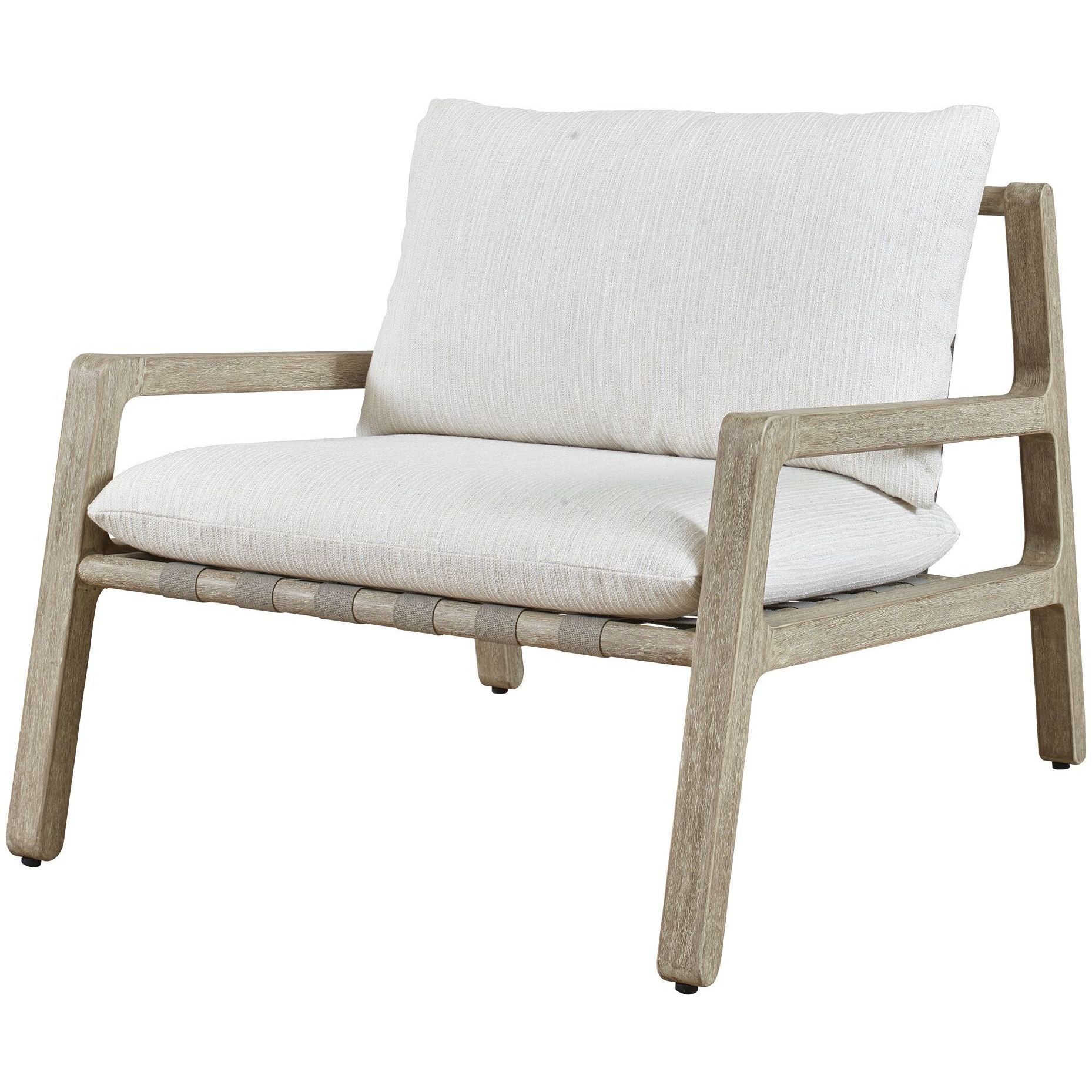 Strapped Ivory Rattan and Cerused Wheat Mahogany Wood Outdoor Lounge Chair