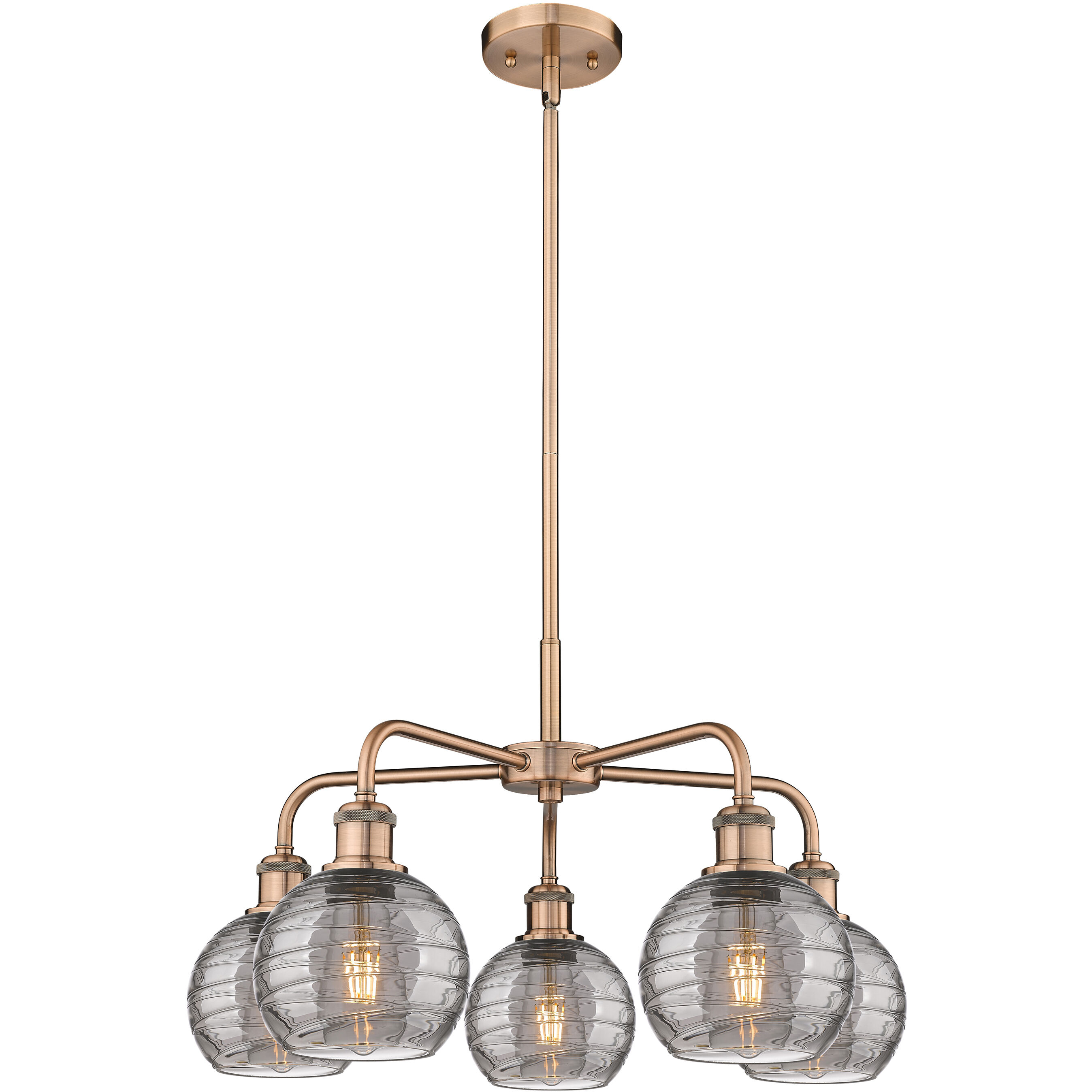 Ballston Athens Deco Swirl 5 Light 23.88 inch Antique Copper Stem Hung Chandelier Ceiling Light in Light Smoke Deco Swirl Glass