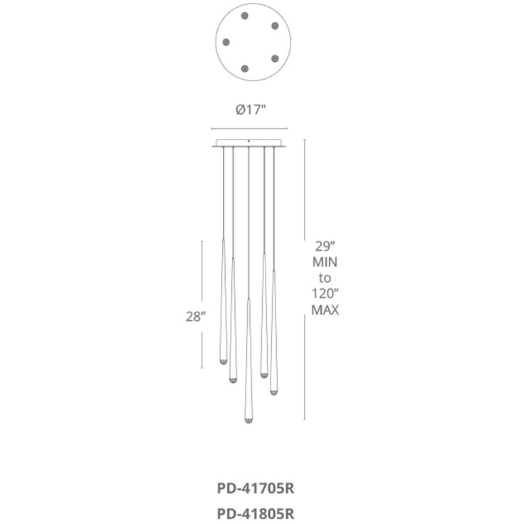 Cascade LED 17 inch Polished Nickel Multi-Light Pendant Ceiling Light in 5, Round, 28in.