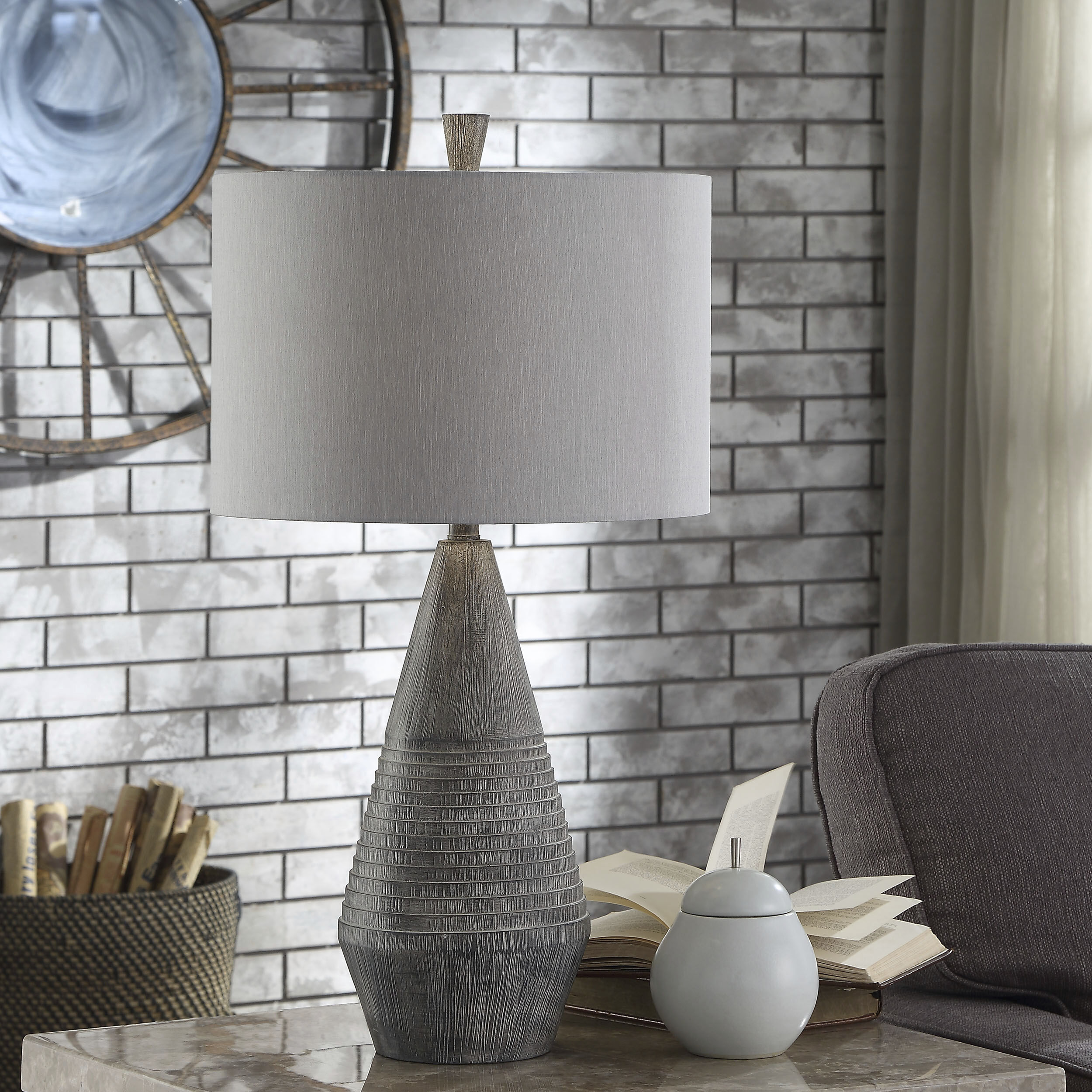 Tipton Farmhouse 31 Modern Gray Faux Wood Vase Table Lamp