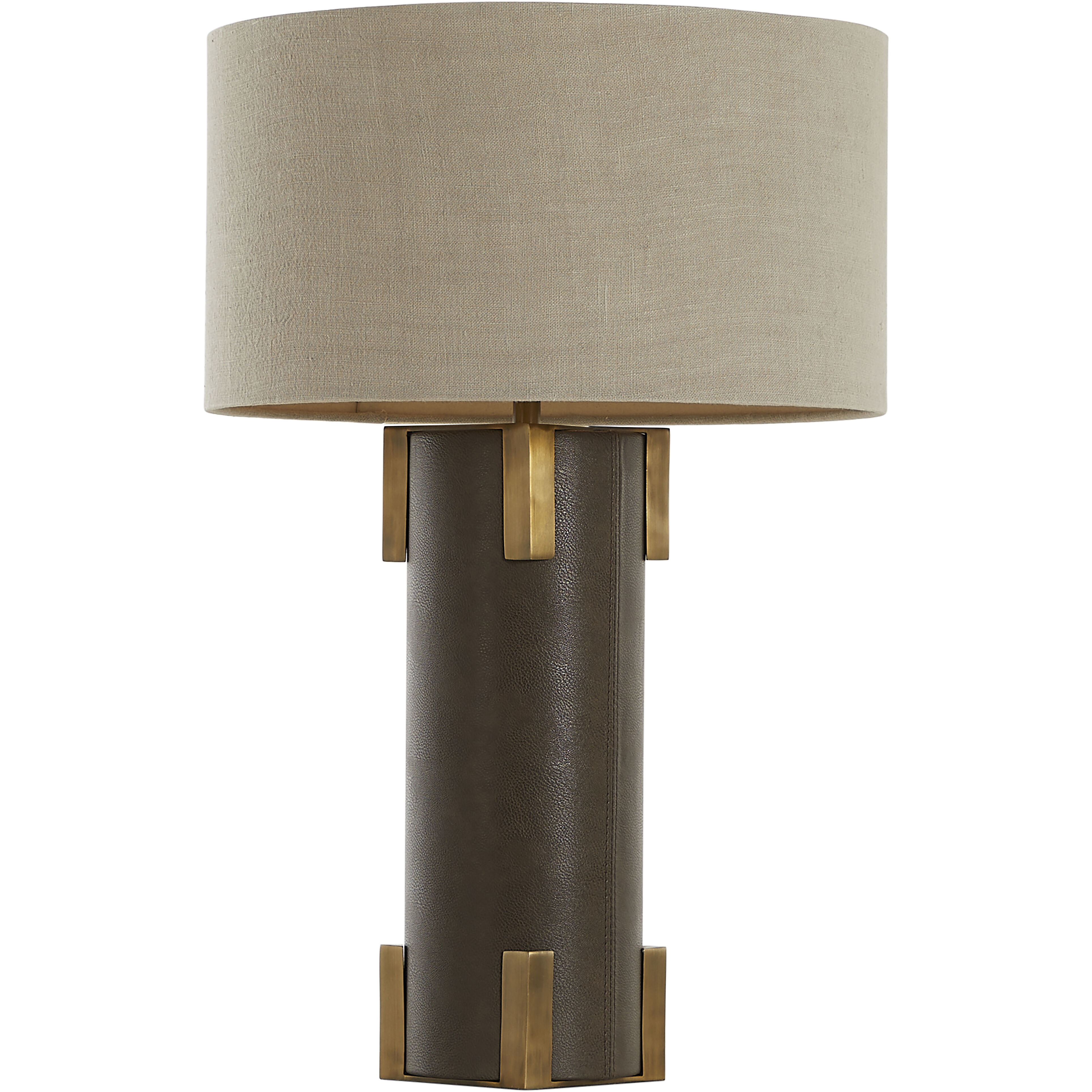 Bronx 29 inch Brushed Antique Brass and Dark Brown Leather with Beige Linen Table Lamp Portable Light
