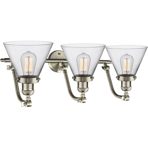 Franklin Restoration Large Cone 3 Light 28 inch Brushed Satin Nickel Bath Vanity Light Wall Light in Clear Glass, Franklin Restoration