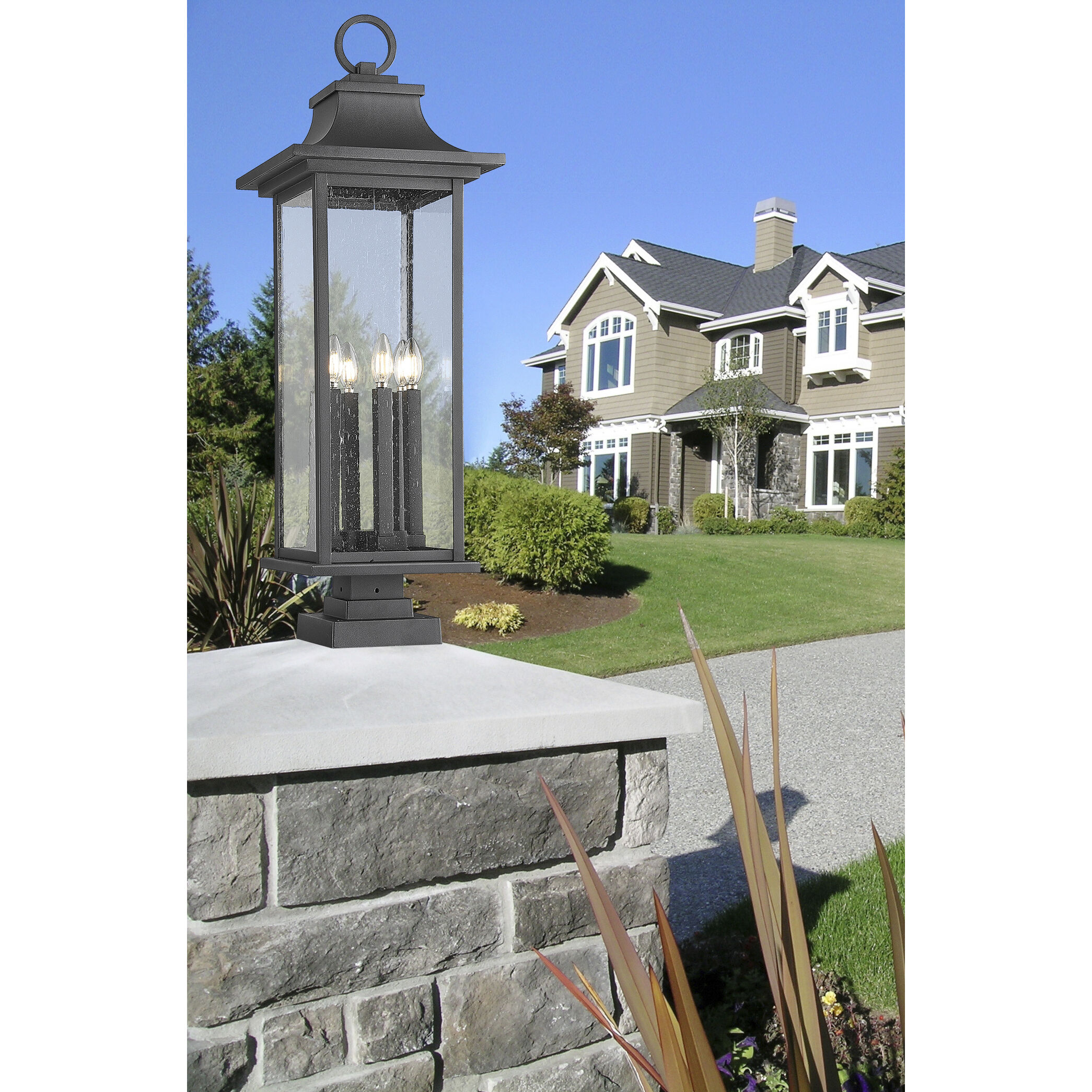 Tiberius 6 Light 36.5 inch Black Outdoor Pier Mounted Fixture in Clear Seedy Glass