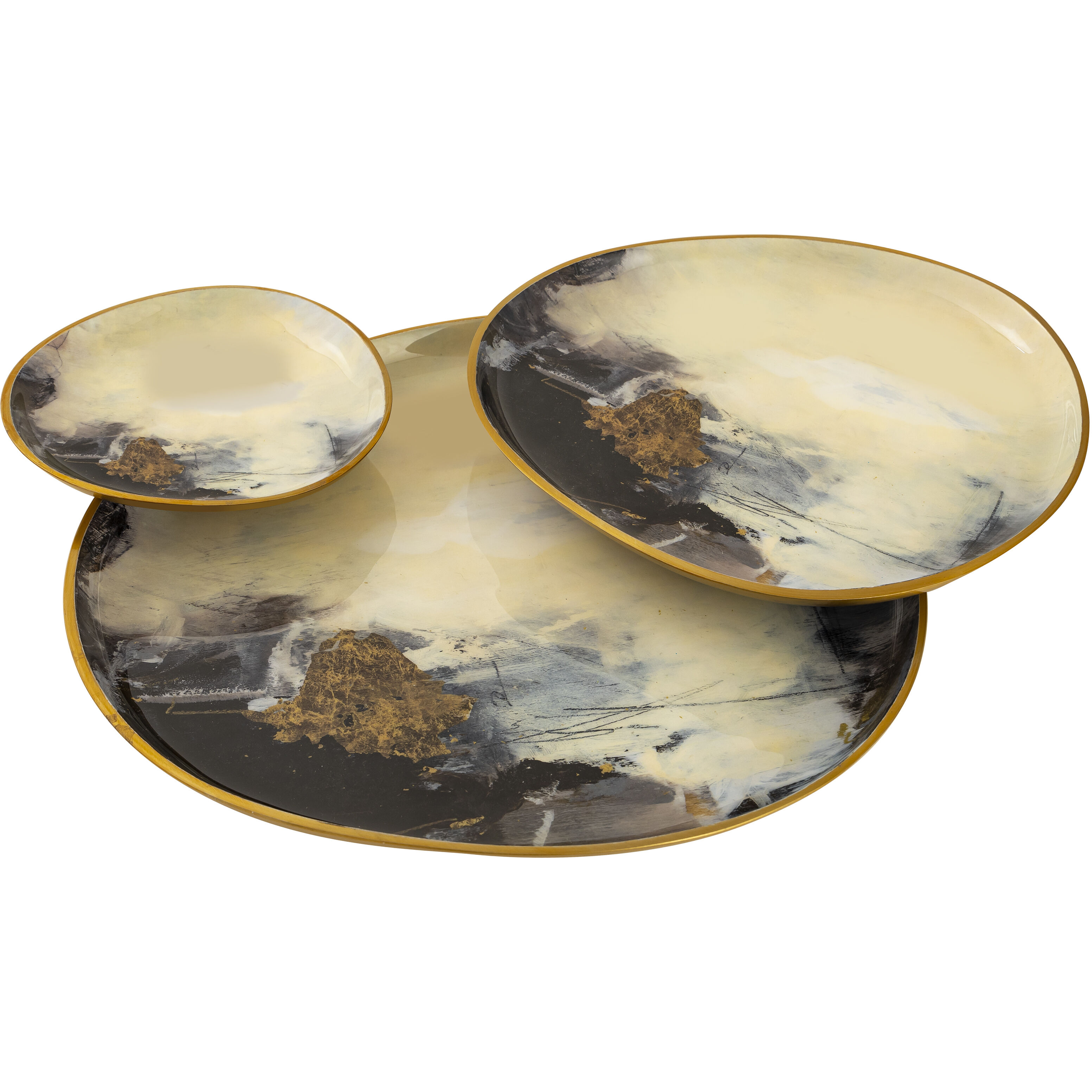 Haley Satin Brass with White Enamel and Black Enamel Tray, Set of 3