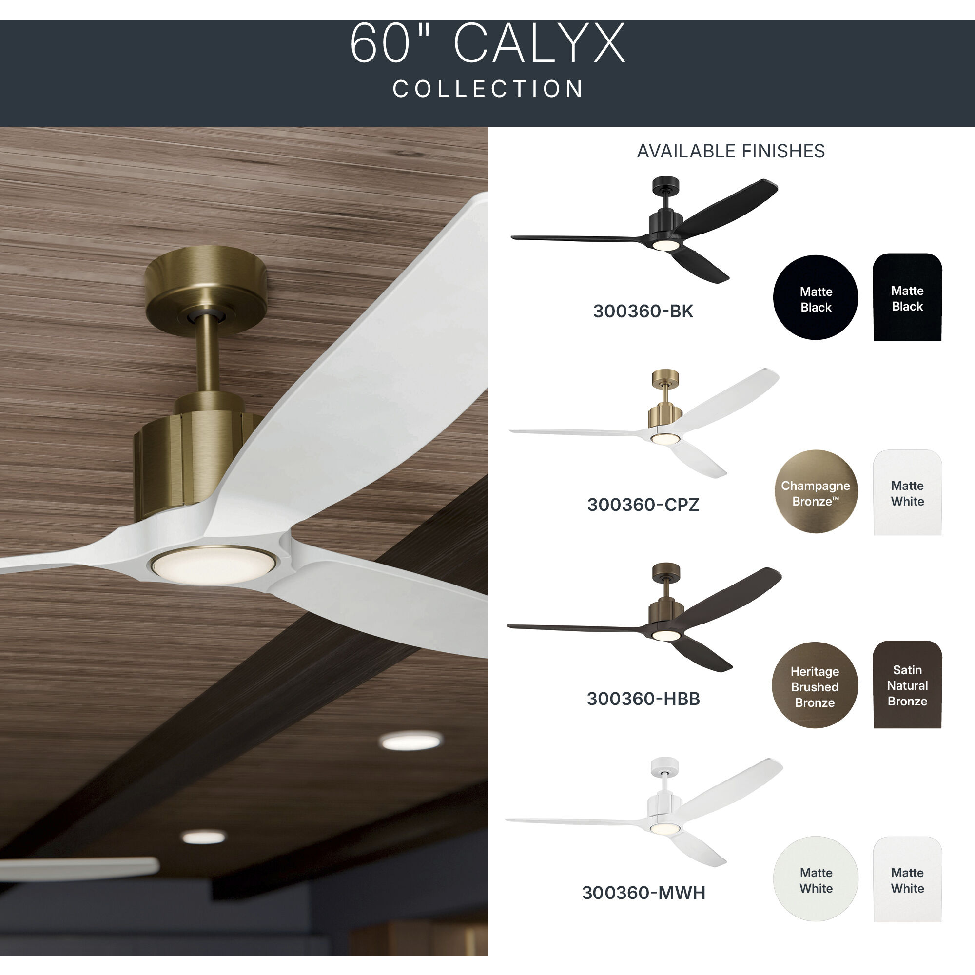 Calyx 60 inch Matte White with Solid Wood Matte White Blades Indoor Ceiling Fan