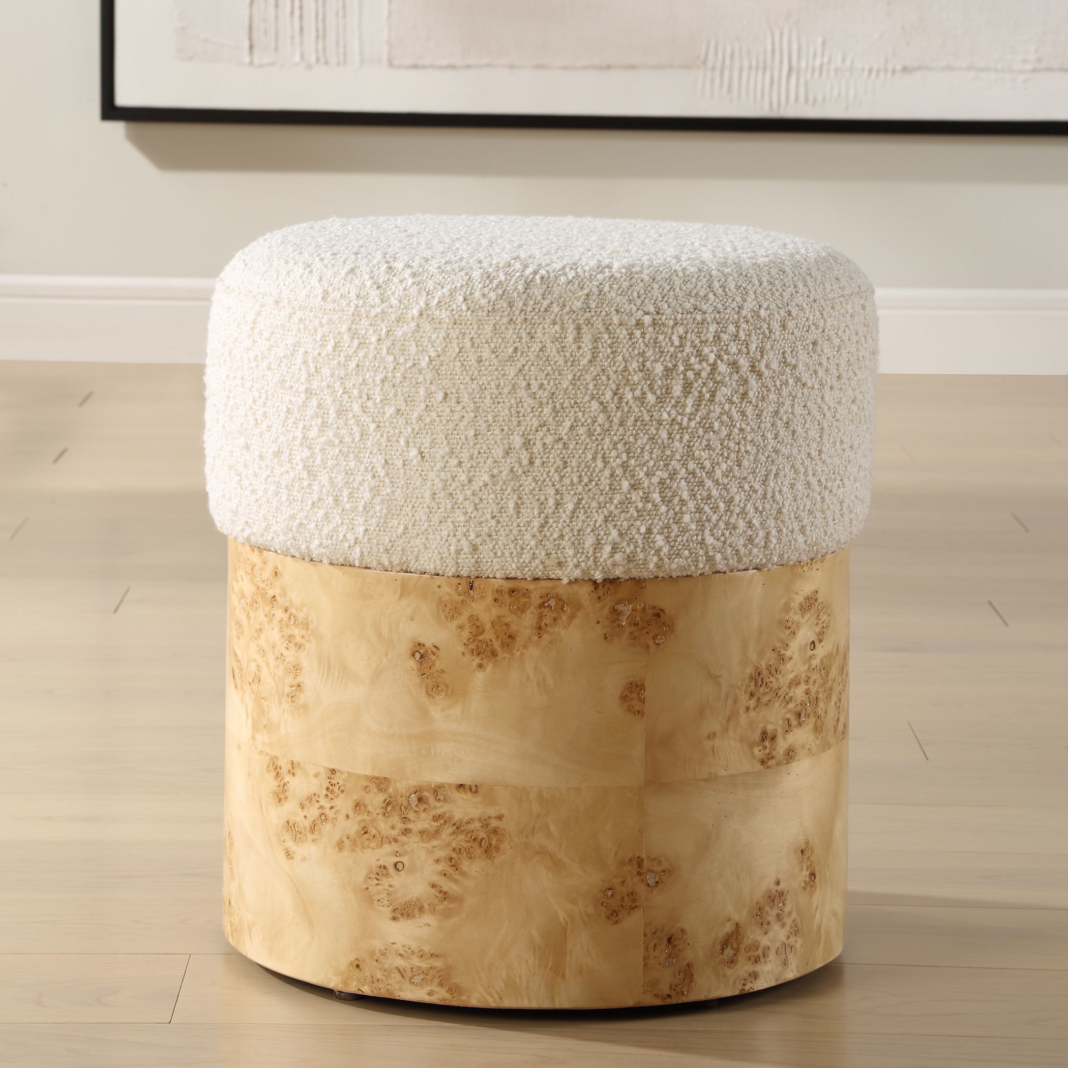Swirls 17 inch Maple with Textured Ivory Boucle Fabric Ottoman