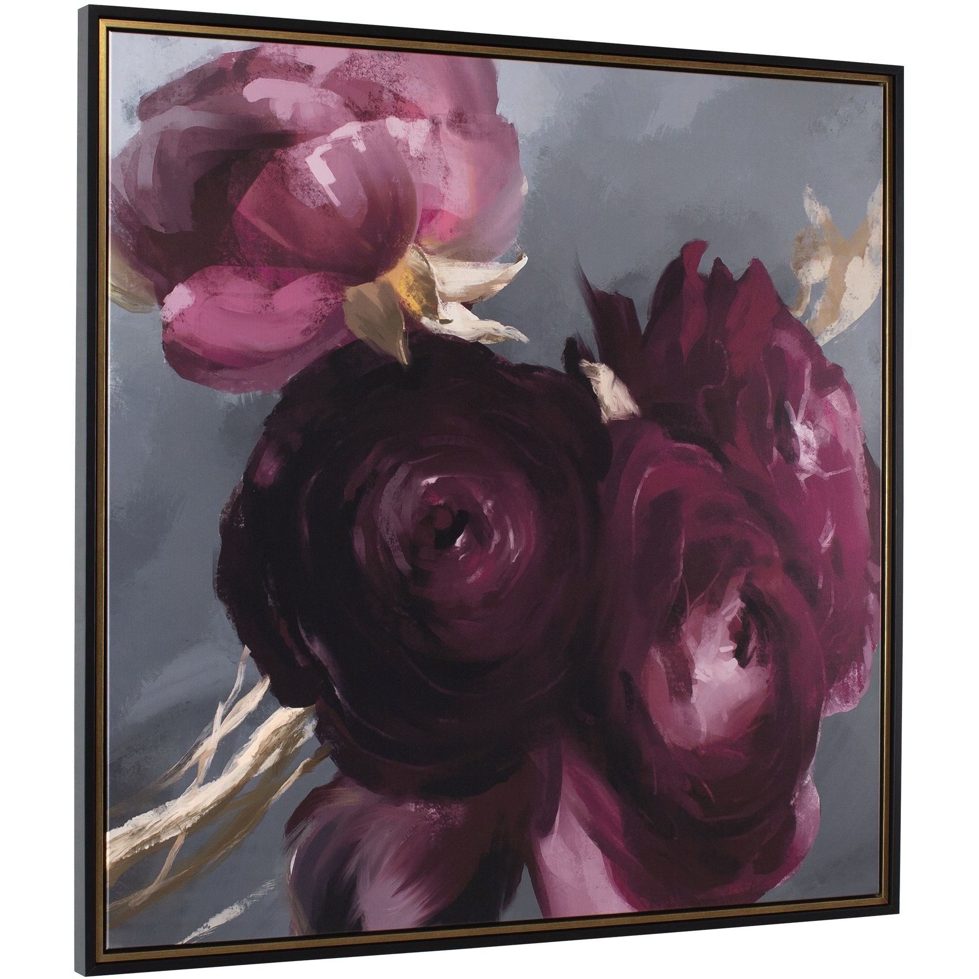 Plum Ranculus Deep Plum and Pink and Smoky Gray and Pale Gold and Green Framed Floral Art