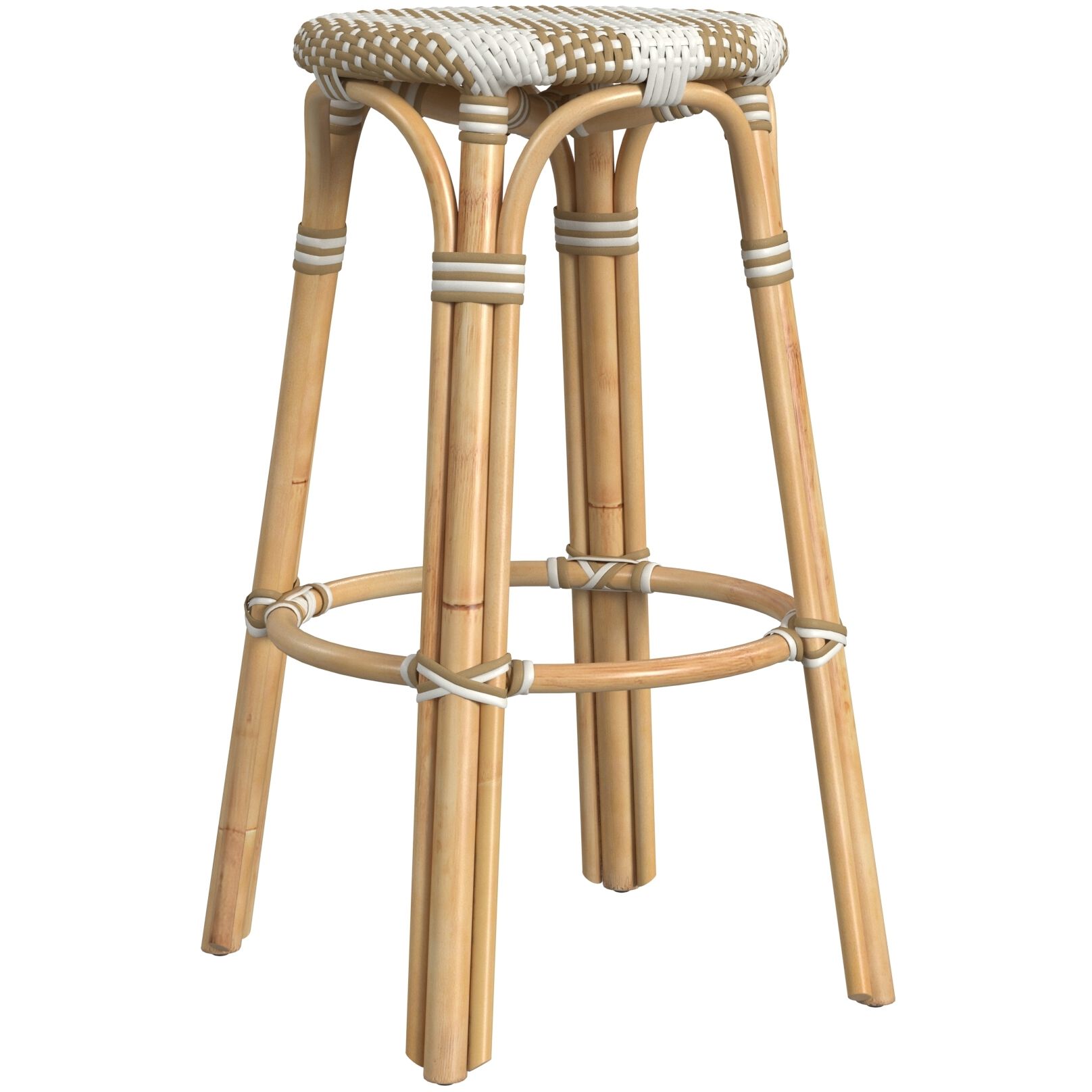 Tobias Round Rattan 30" Bar Stool in Tan and White Stripe