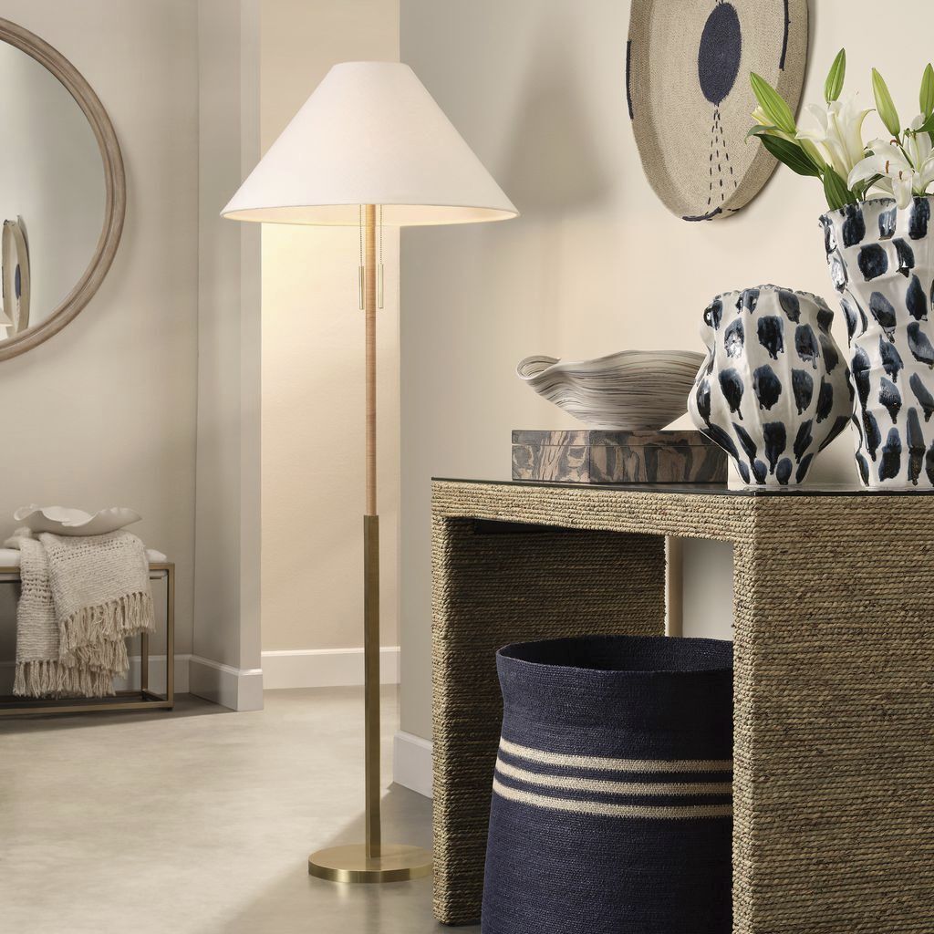 Harrison 64.75 inch 75 watt Brushed Brass and Natural Rattan Floor Lamp Portable Light, Inline