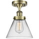 Cone 1 Light 7.75 inch Antique Brass Semi-Flush Mount Ceiling Light in Clear Glass, 9.75
