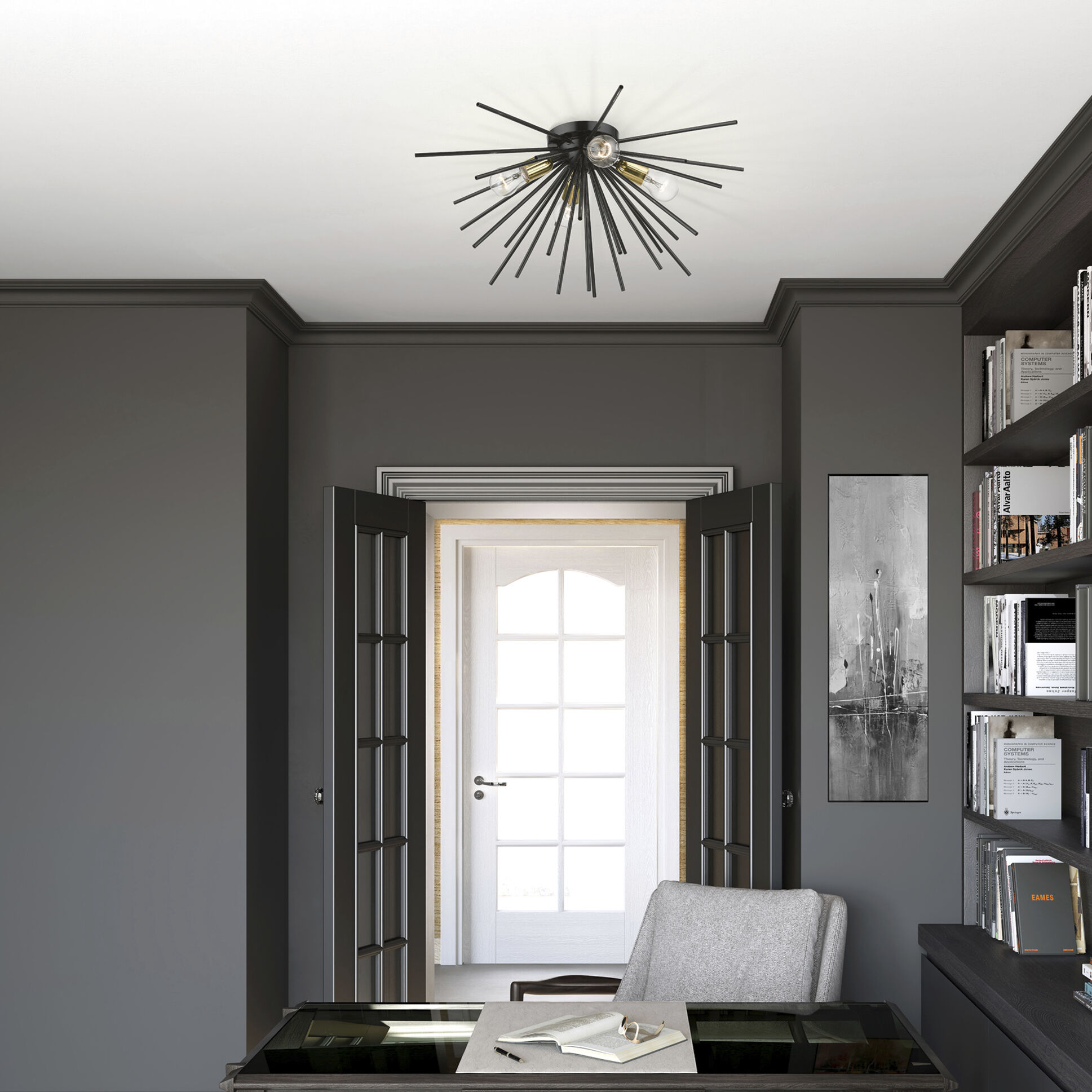 Tribeca 4 Light 25 inch Shiny Black with Polished Brass Accents Flush Mount Ceiling Light, Large