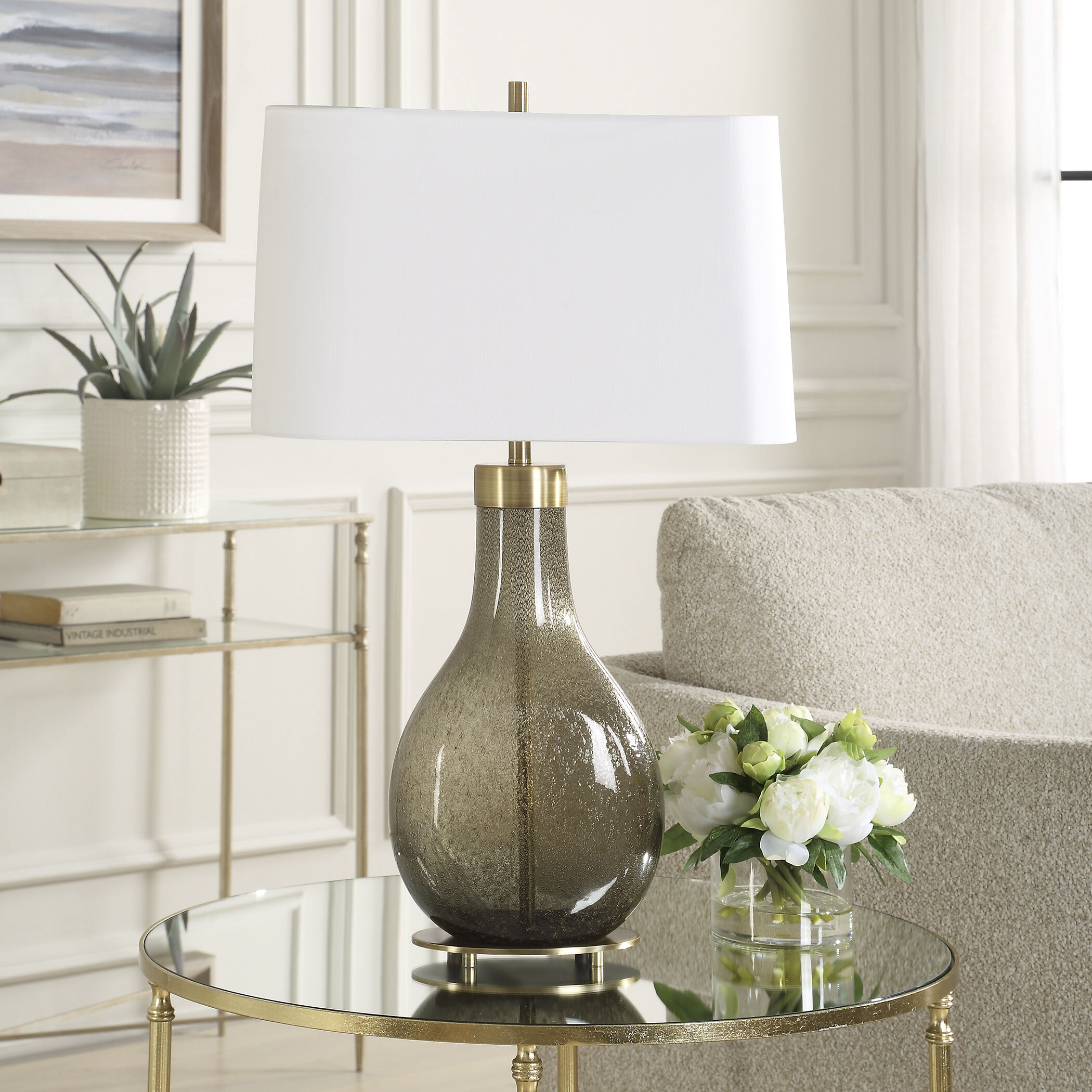 Shyla 29.25 inch 150 watt Dark Moss Seeded Glass and Plated Brushed Brass Table Lamp Portable Light