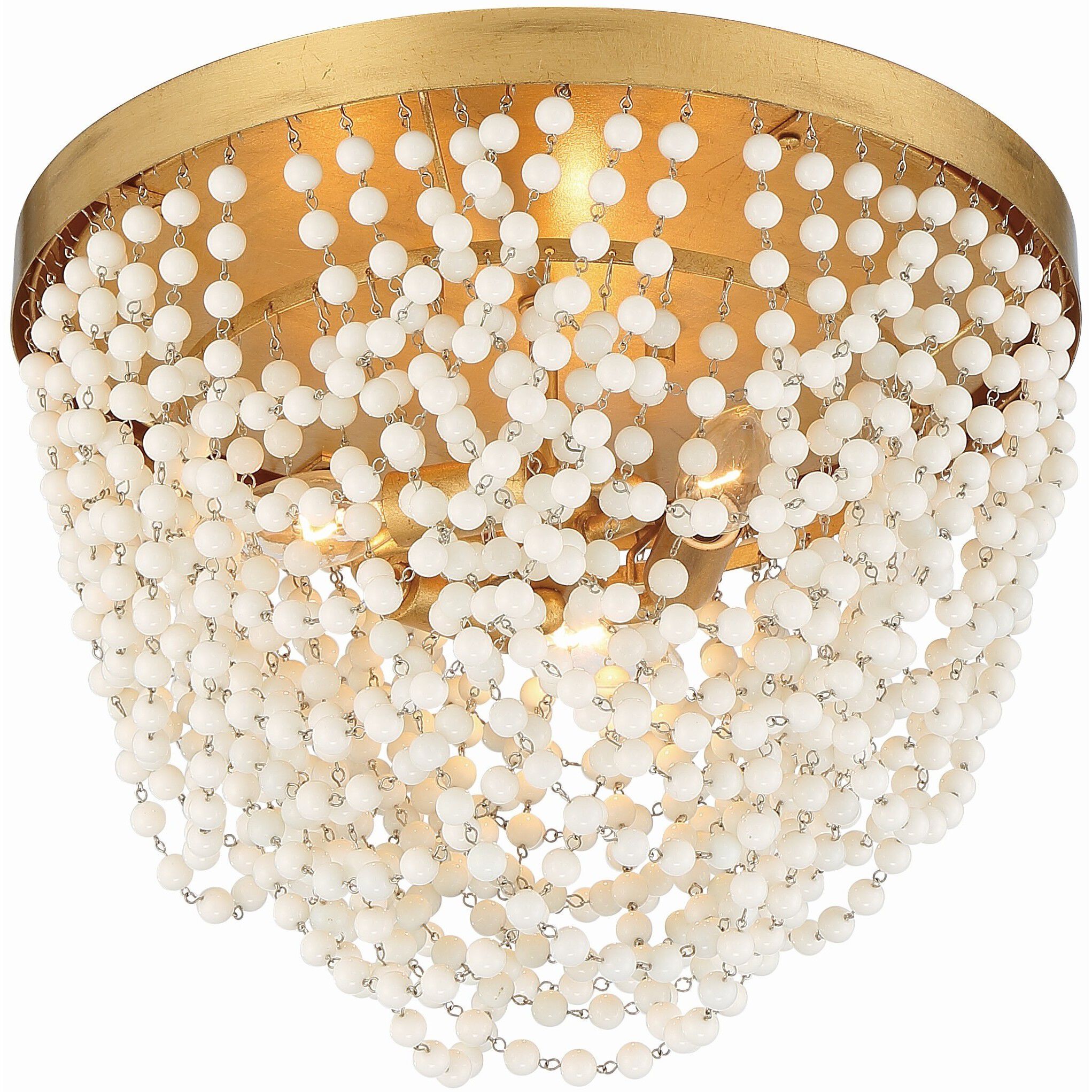 Fiona 3 Light 13.75 inch Antique Gold Flush Ceiling Light in White Glass Beads