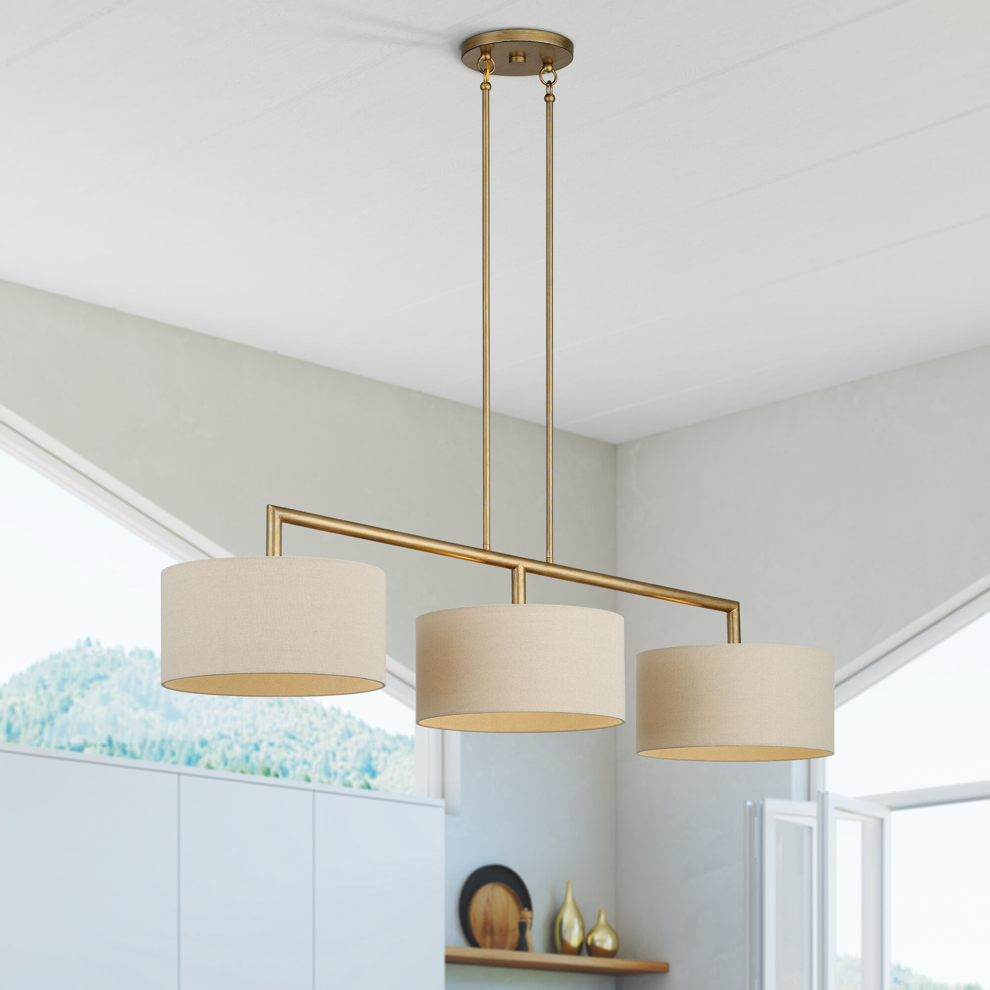 Bellingham 3 Light 51 inch Antique Gold Leaf Linear Chandelier Ceiling Light, Extra Large