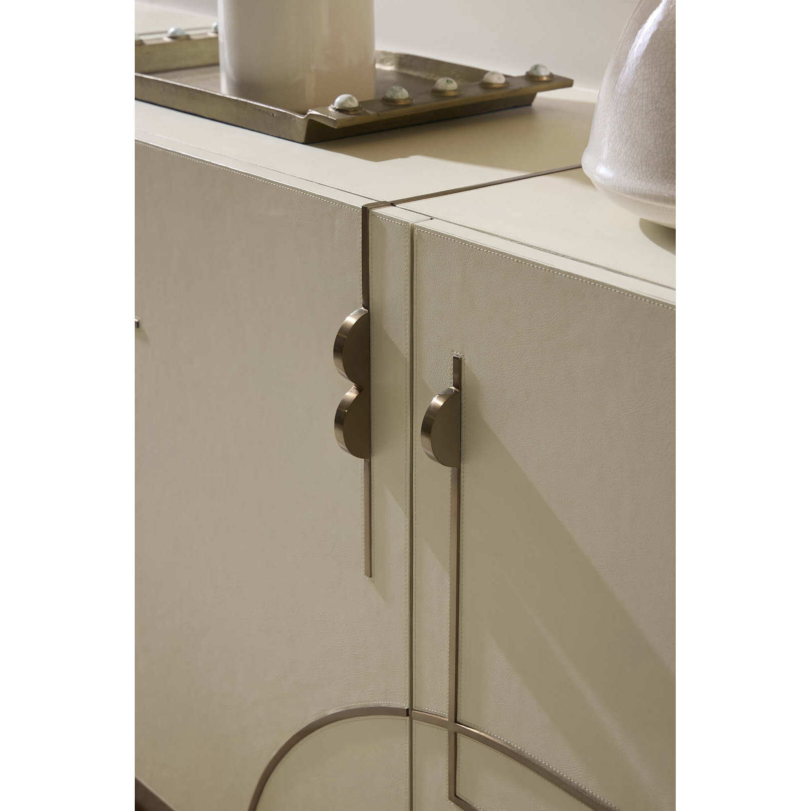 Montevito 84.5 inch Ivory and Antique Brass with Satin Walnut Credenza