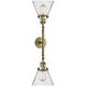 Franklin Restoration Large Cone 2 Light 18 inch Antique Brass Bath Vanity Light Wall Light in Incandescent, Seedy Glass, Franklin Restoration