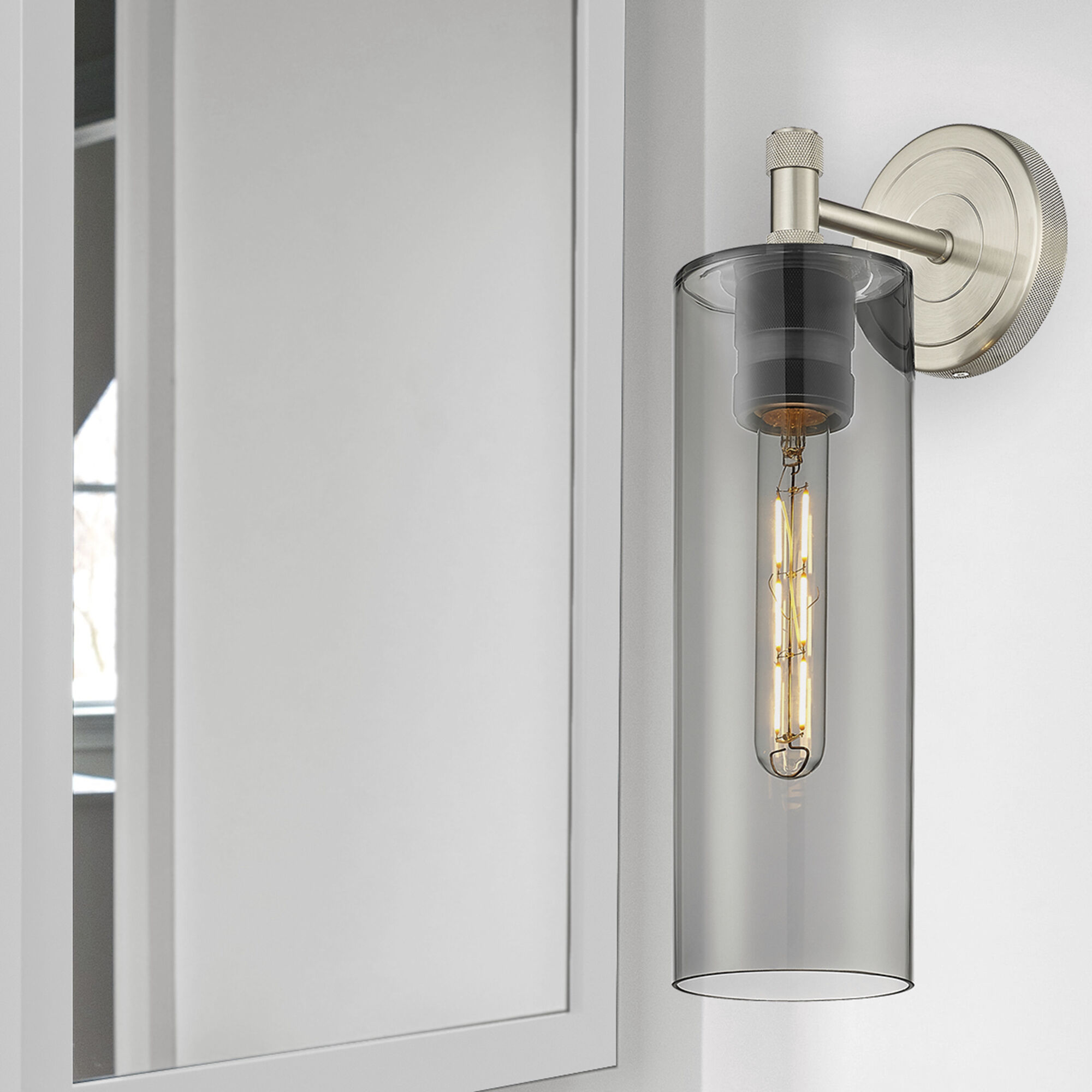 Crown Point Sconce Wall Light in Satin Nickel, Light Smoke Glass