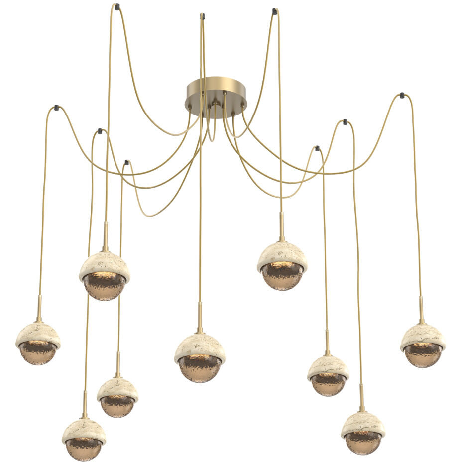 Cabochon LED 14.1 inch Gilded Brass with Travertine Stone Swag Multi-Pendant Ceiling Light in 3000K LED, Bronze