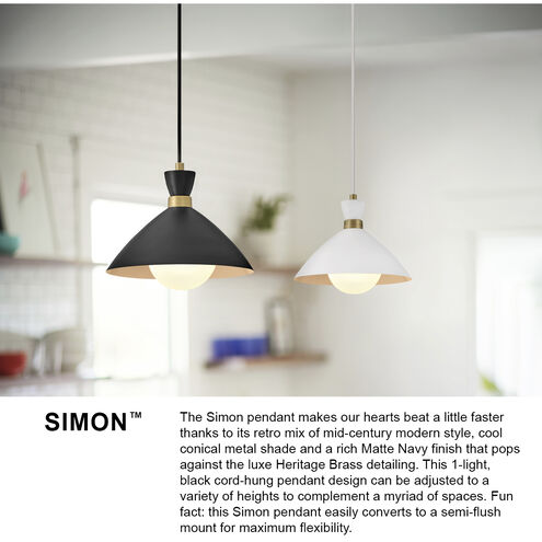Simon LED 13 inch Matte White with Heritage Brass accents Pendant Ceiling Light, Semi-Flush Mount