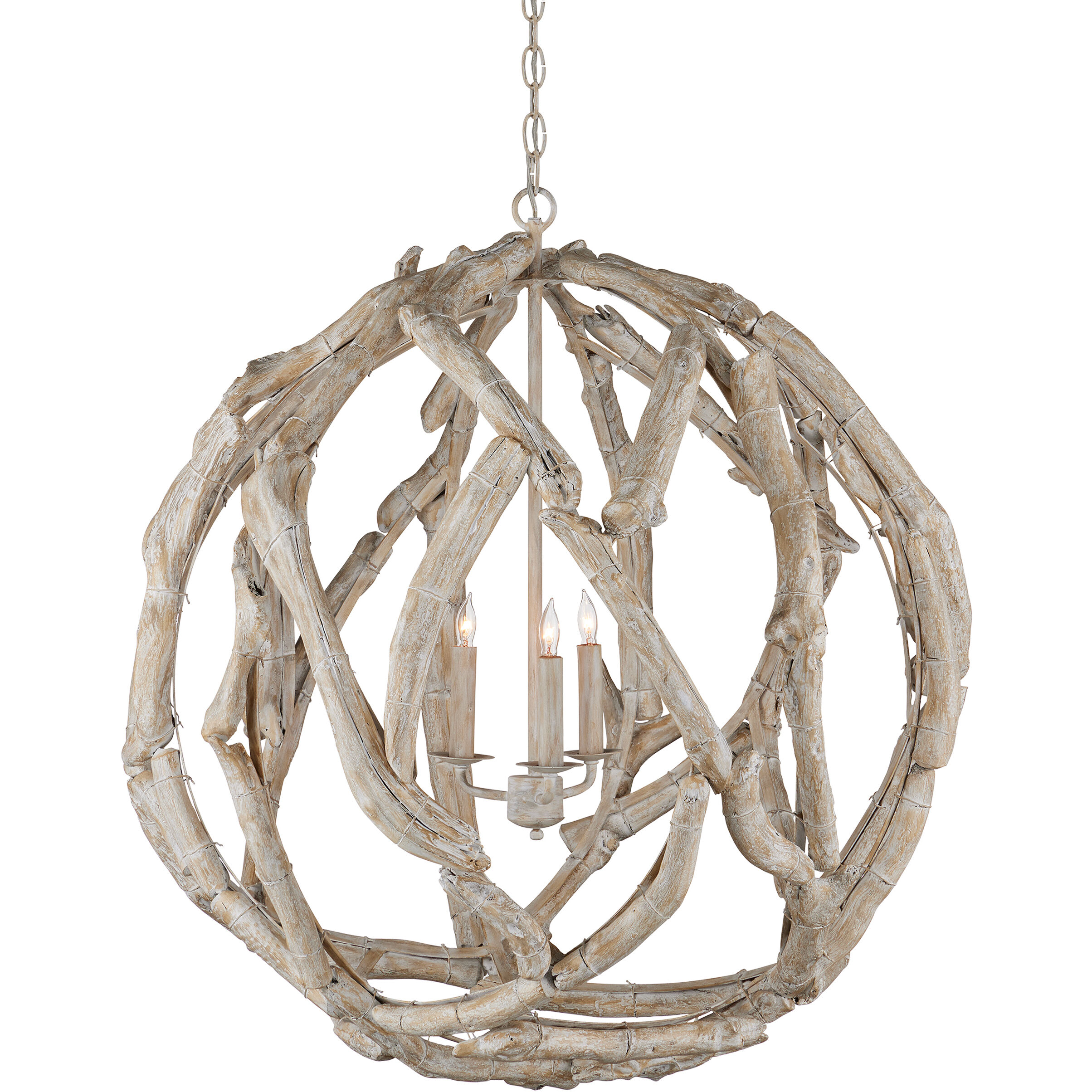 Currey Company 9000 1133 Driftwood 3 Light 29 inch Whitewashed Driftwood Orb Chandelier Ceiling Light