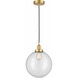 Edison Beacon LED 12 inch Satin Gold Mini Pendant Ceiling Light in Clear Glass