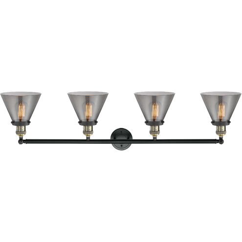 Franklin Restoration Large Cone 4 Light 44 inch Black Antique Brass Bath Vanity Light Wall Light in Plated Smoke Glass, Franklin Restoration