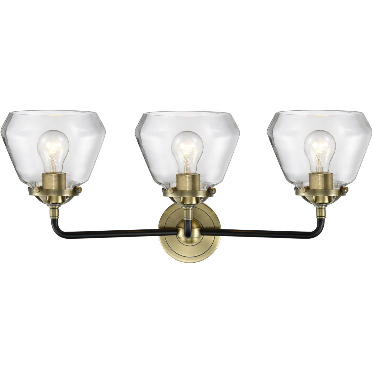 Nouveau Fulton 3 Light 25 inch Black Antique Brass Bath Vanity Light Wall Light in Clear Glass, Nouveau