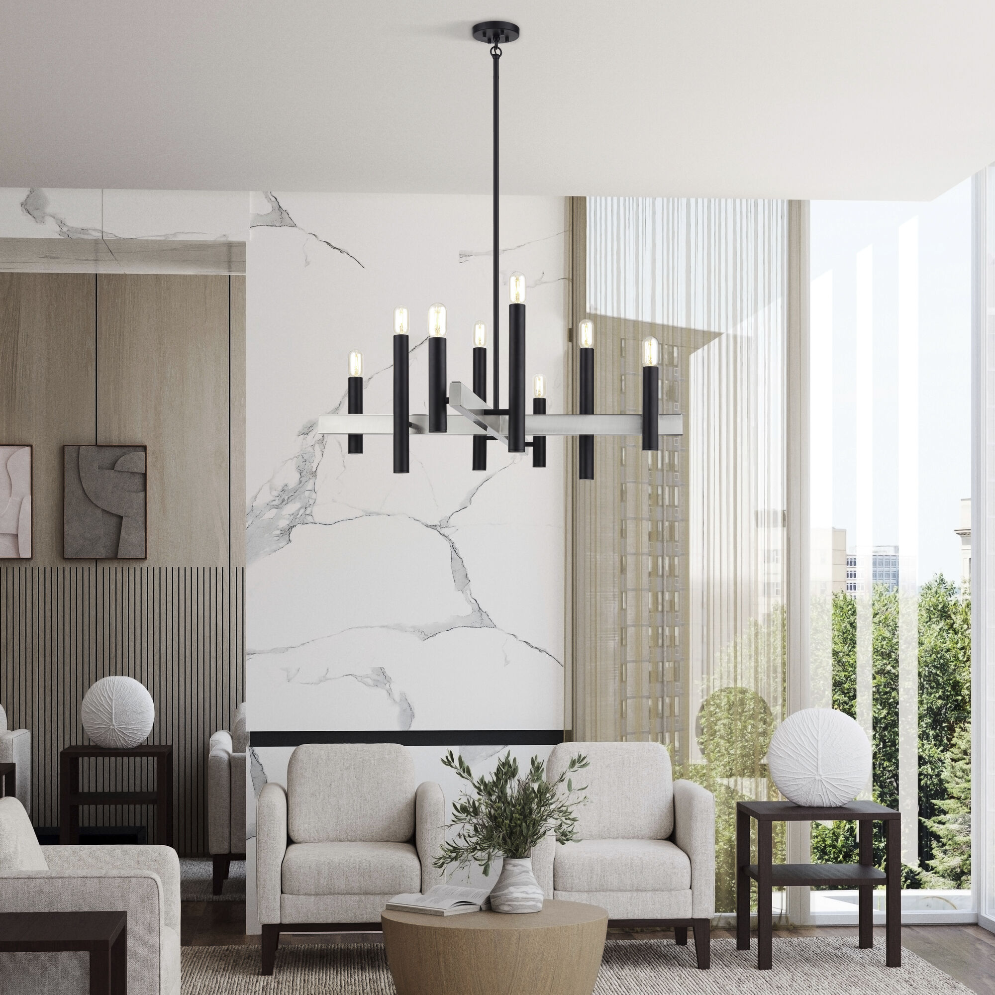 Helsinki 8 Light 38 inch Black with Brushed Nickel Accents Chandelier Ceiling Light