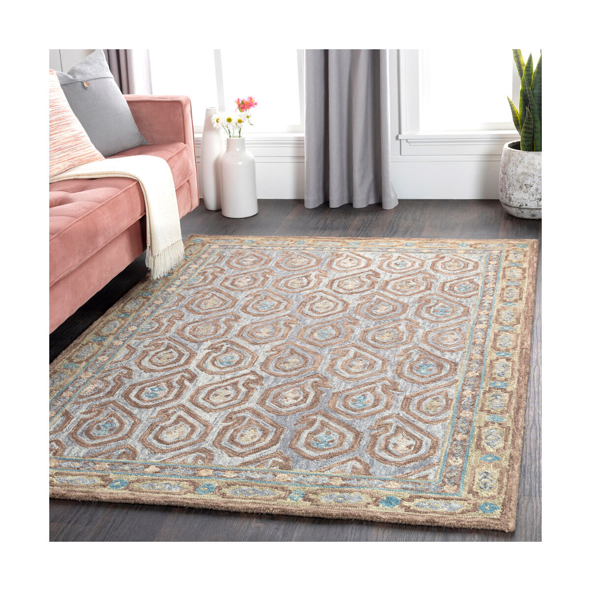Bonifate 36 X 24 inch Medium Gray/Tan/Dark Brown/Teal Rugs, Rectangle