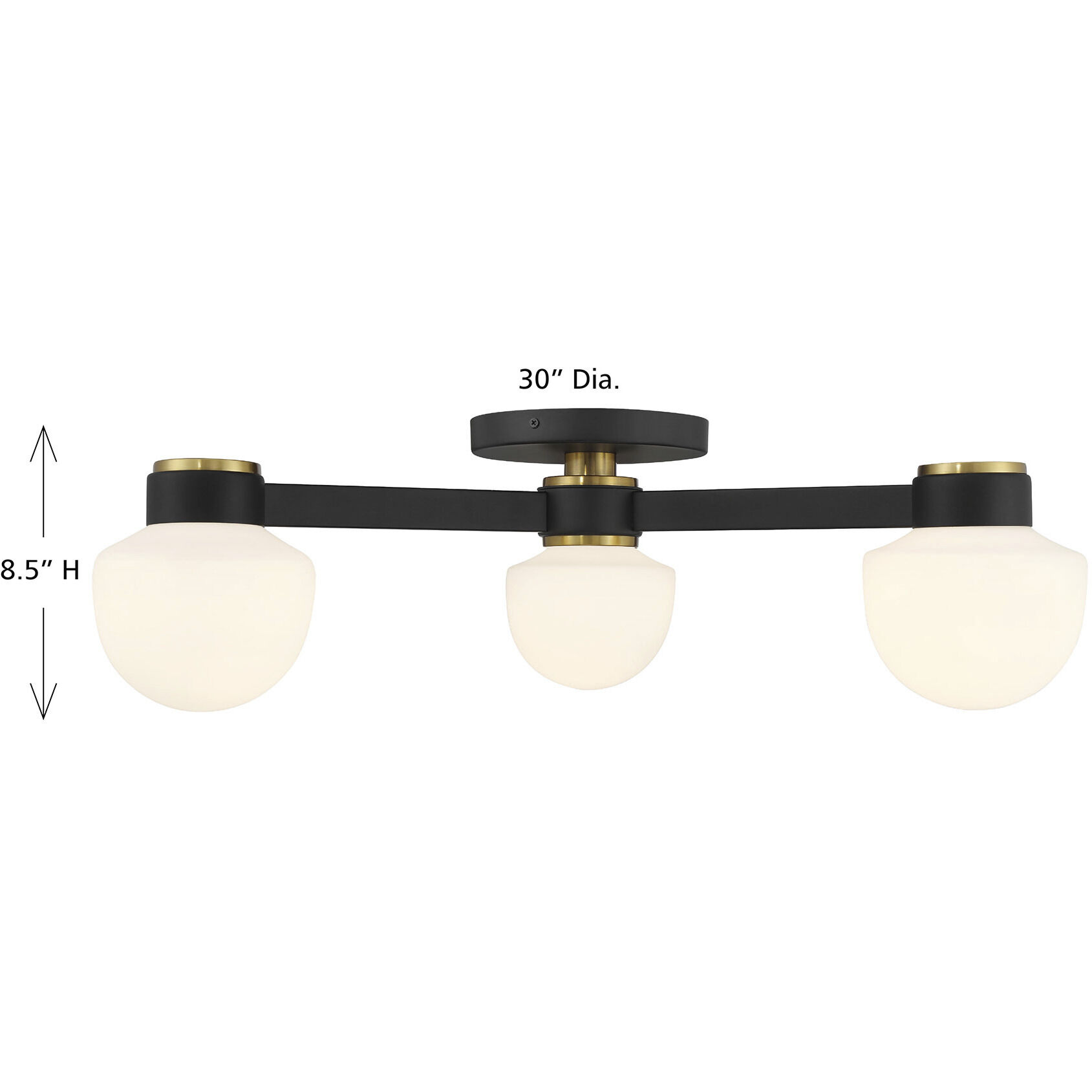 Mid-Century Modern 3 Light 30 inch Matte Black with Natural Brass Semi-Flush Ceiling Light