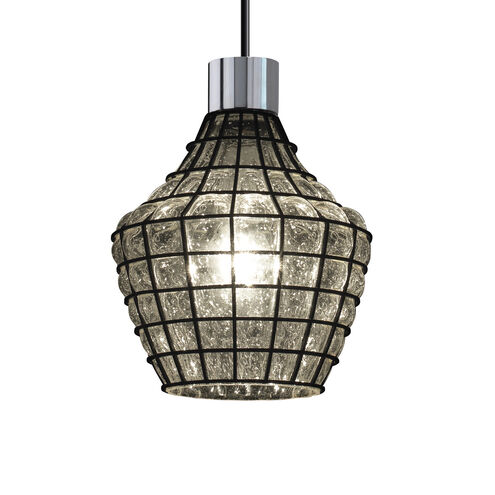 Wire Glass 1 Light 14 inch Polished Chrome Pendant Ceiling Light in Black Cord, Grid with Clear Bubbles