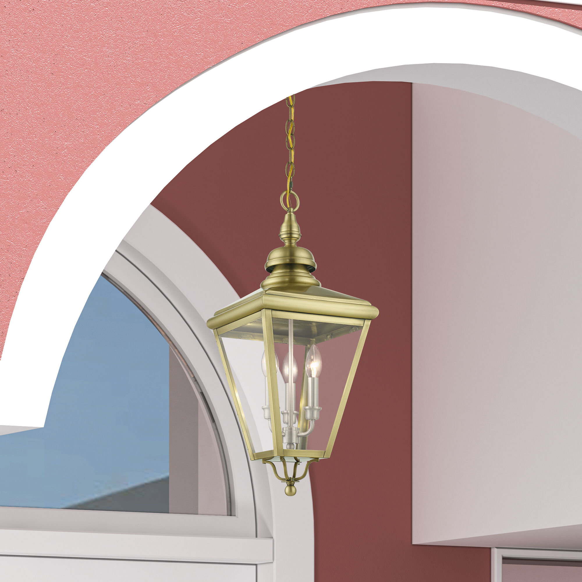 Adams 3 Light 10.63 inch Antique Brass with Brushed Nickel Finish Cluster Outdoor Large Pendant Lantern Ceiling Light