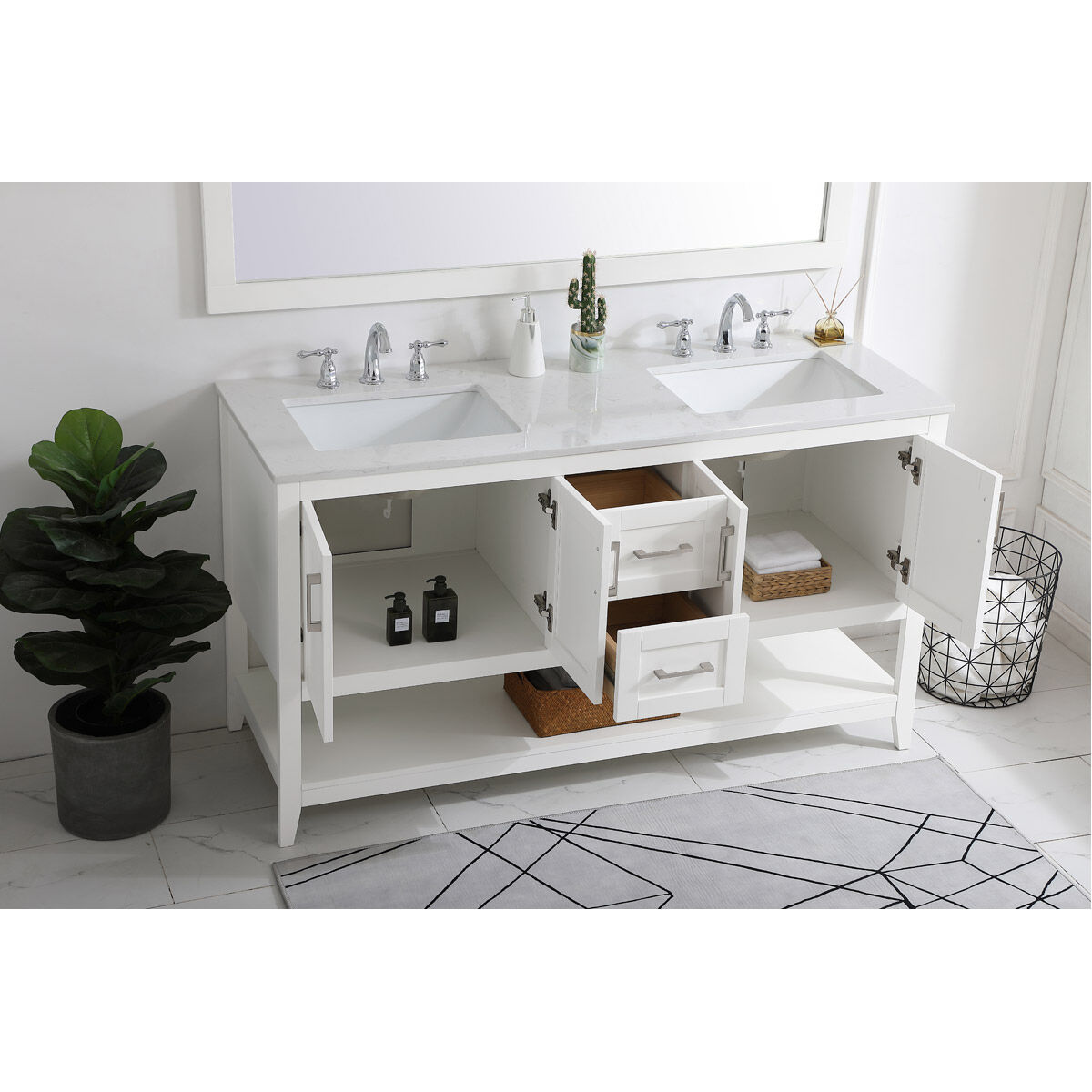 Aubrey 60 X 22 X 34 inch White and Brushed Nickel with Calacatta Quartz Vanity Sink Set