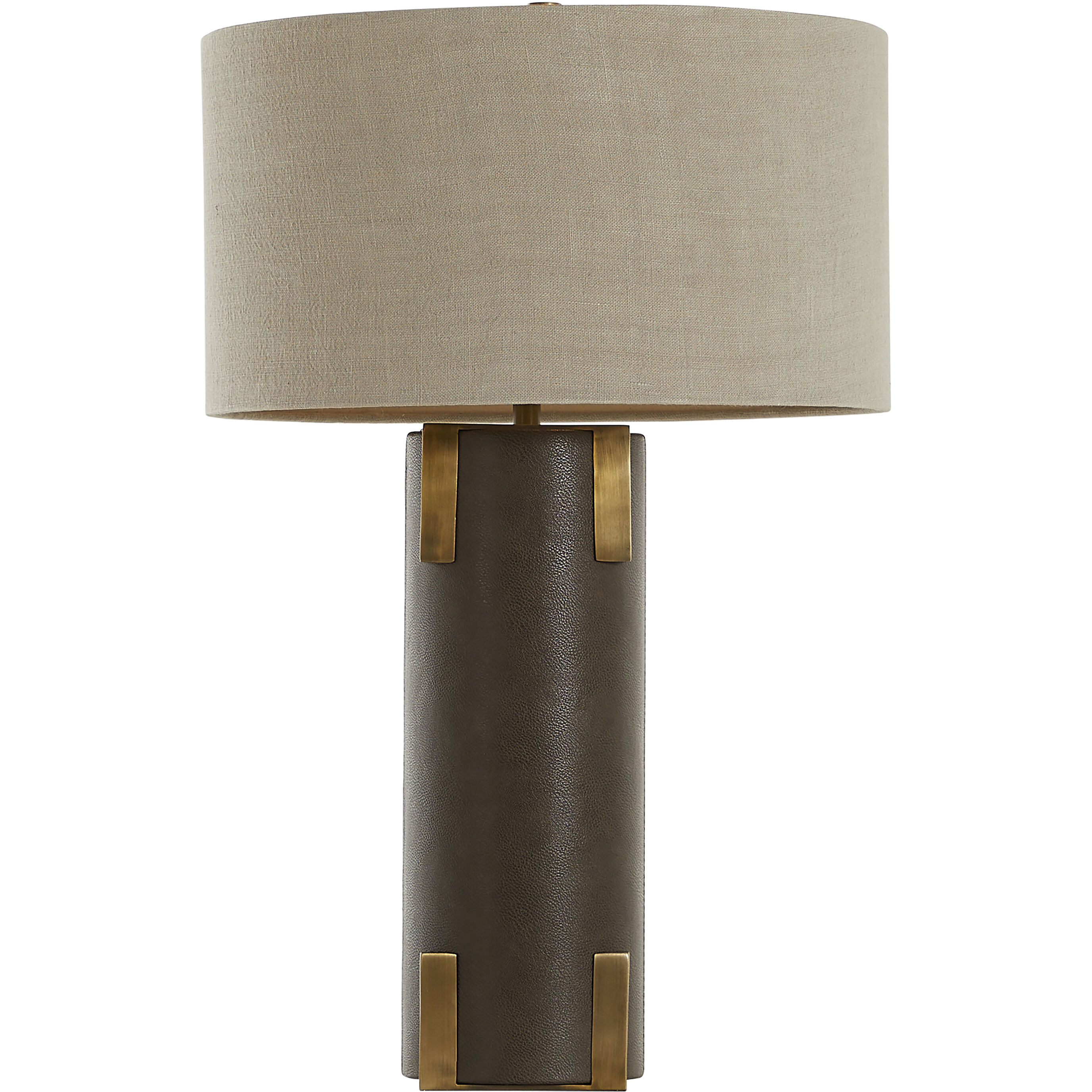 Bronx 29 inch Brushed Antique Brass and Dark Brown Leather with Beige Linen Table Lamp Portable Light